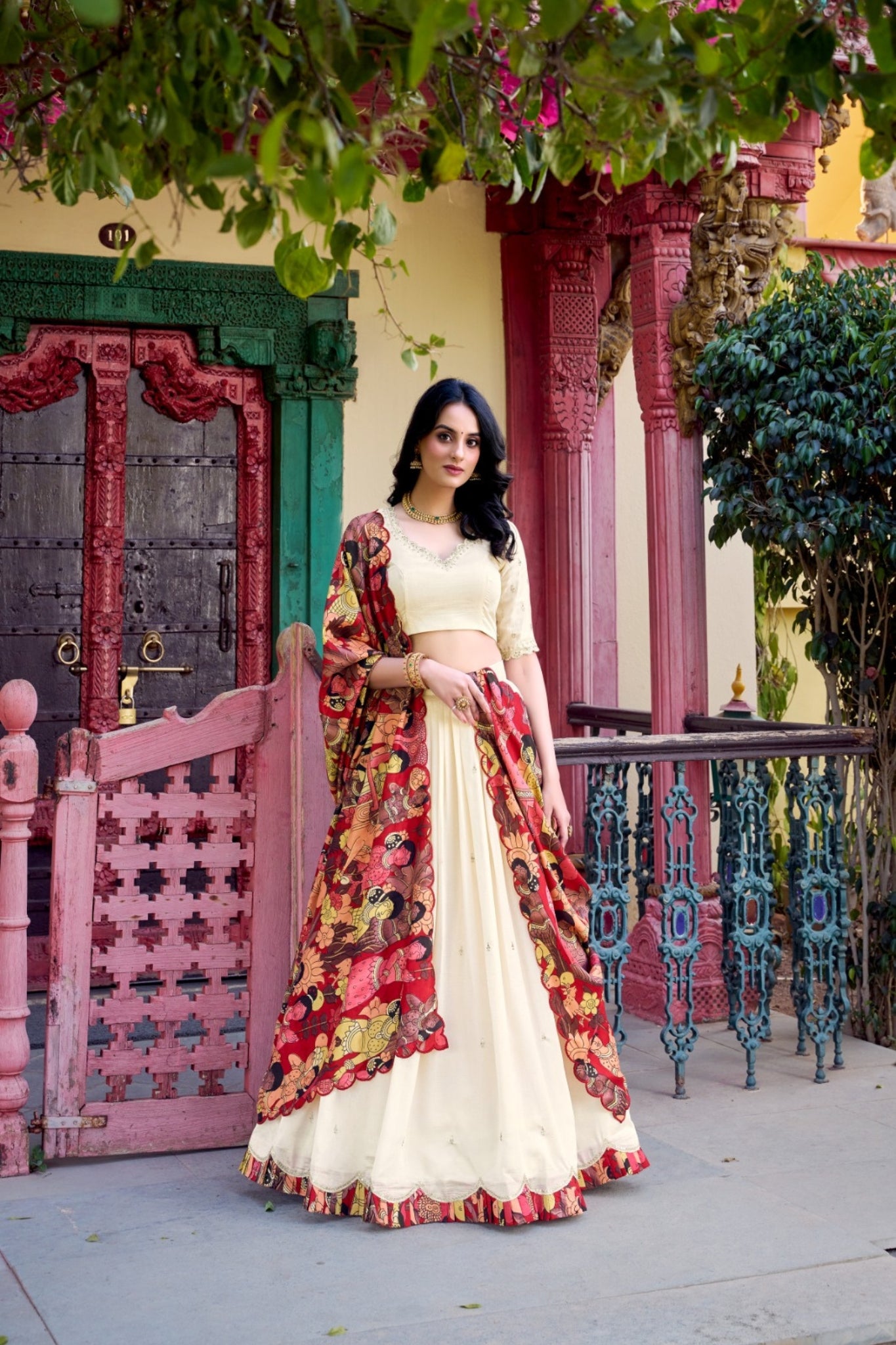 Stunning Sequins Tread Embroidery With Kalamkari Printed Lehenga Choli