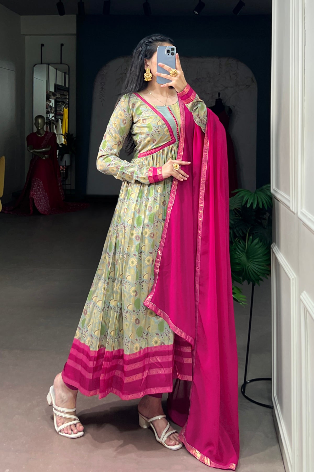 Tasar Silk Floral Print Anarkali Dress with Foil Work & Georgette Lace Border Dupatta