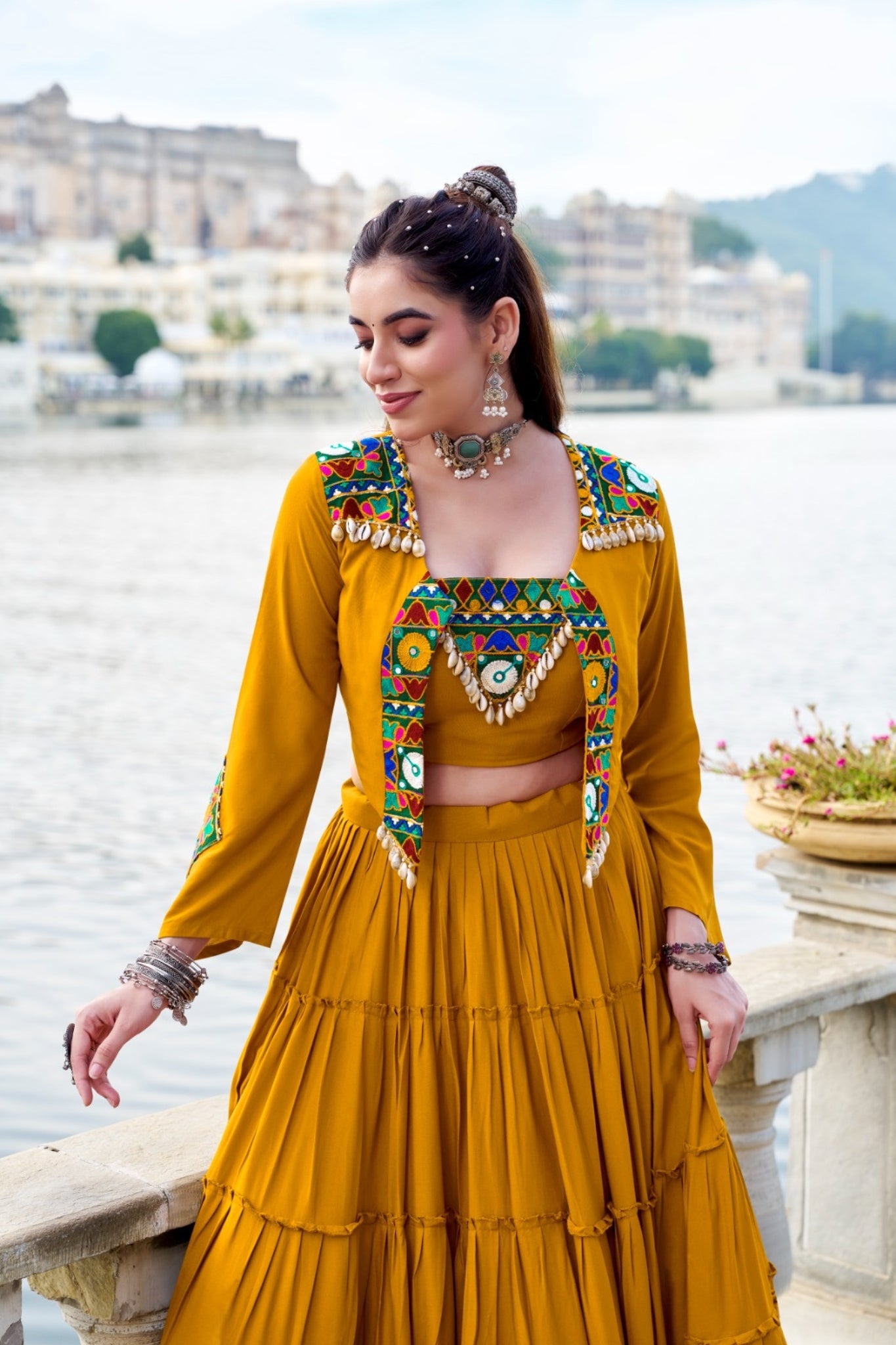 Pure Rayon Mirror Gamthi Work Navratri Lehenga Choli Set