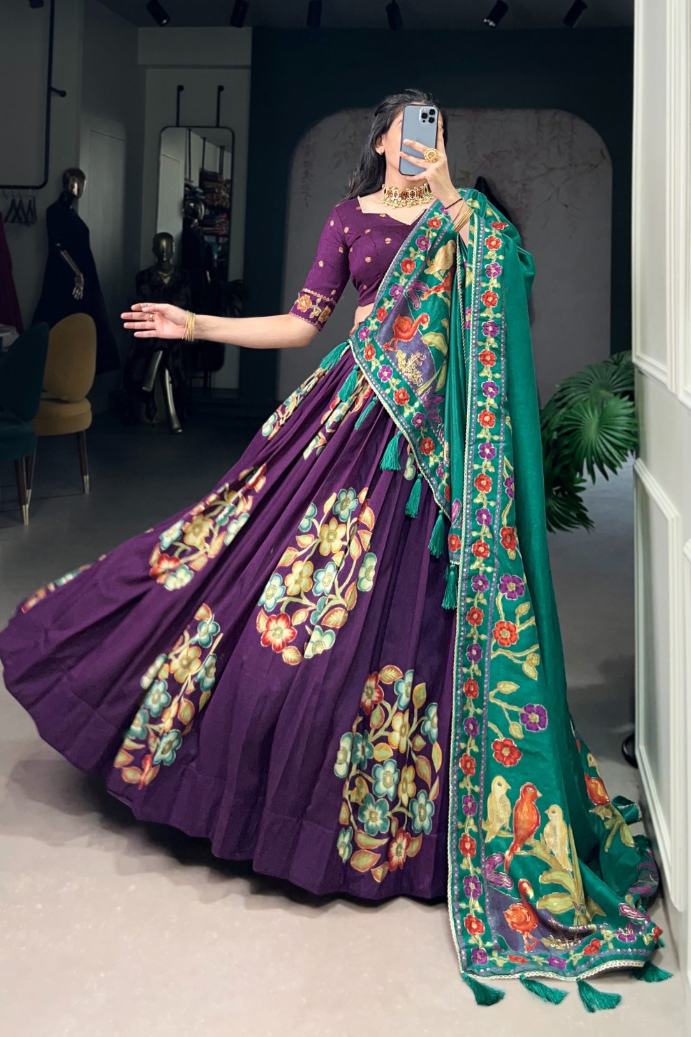 Tussar Silk Lehenga With Foil Work & Gotta Patti Dupatta