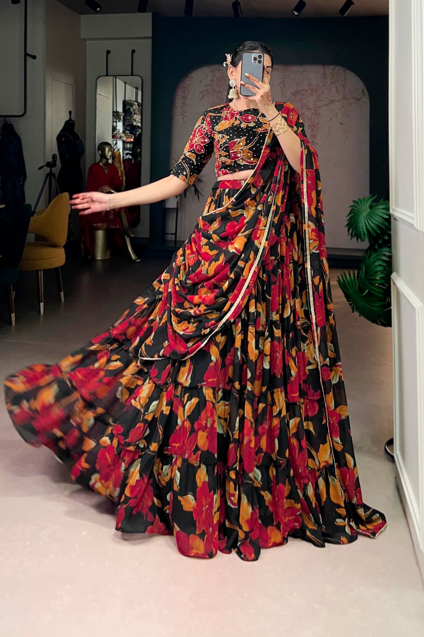 Floral Marble Print Lehenga Choli Set For Women