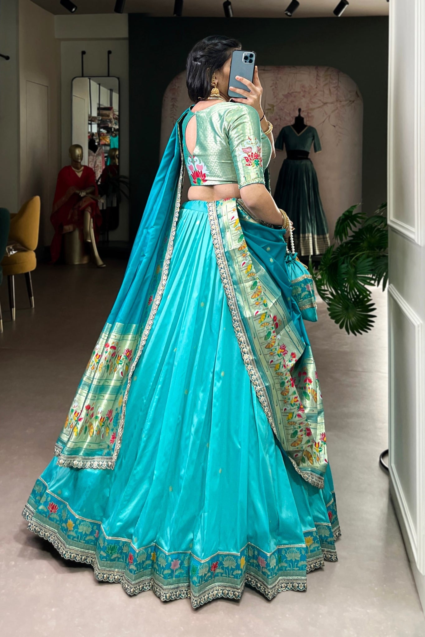Designer Premium Paithani Soft Silk Zari Weaving Sequins With Thread Embroidery Lehenga Set