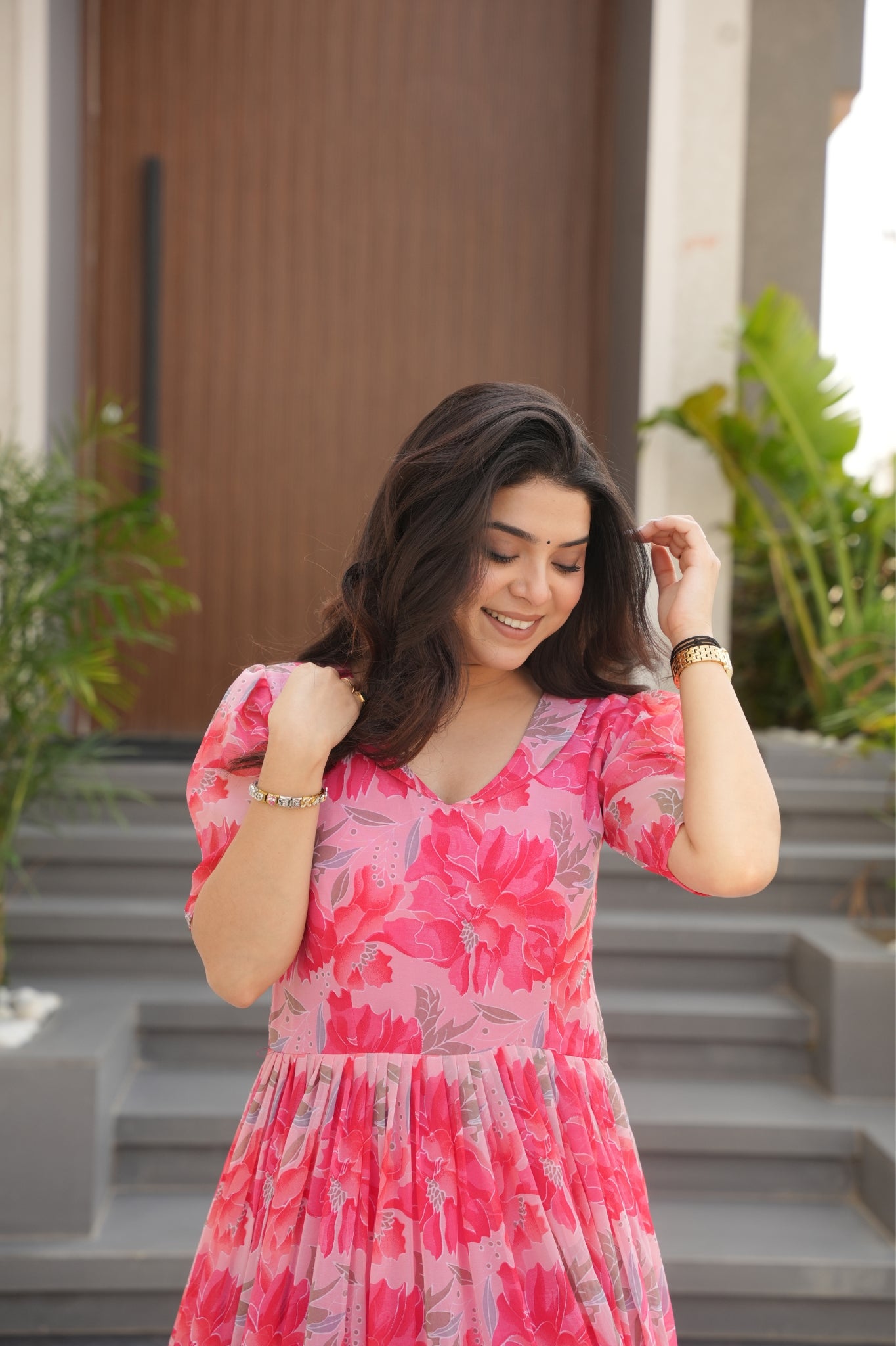 Floral Printed Georgette Women Tiered Gown