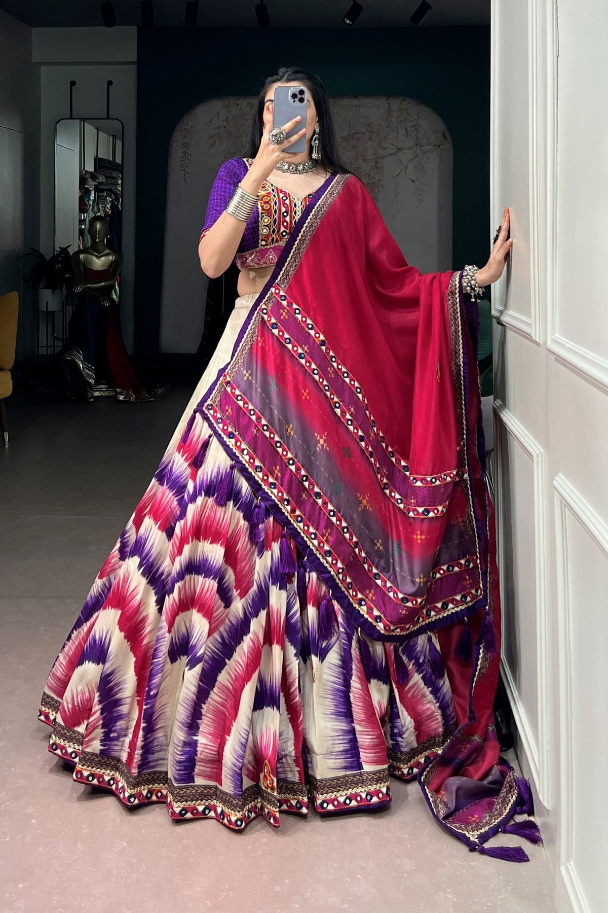 Tasar Silk Tie & Dye With Gamthi Work Navratri Lehenga Choli