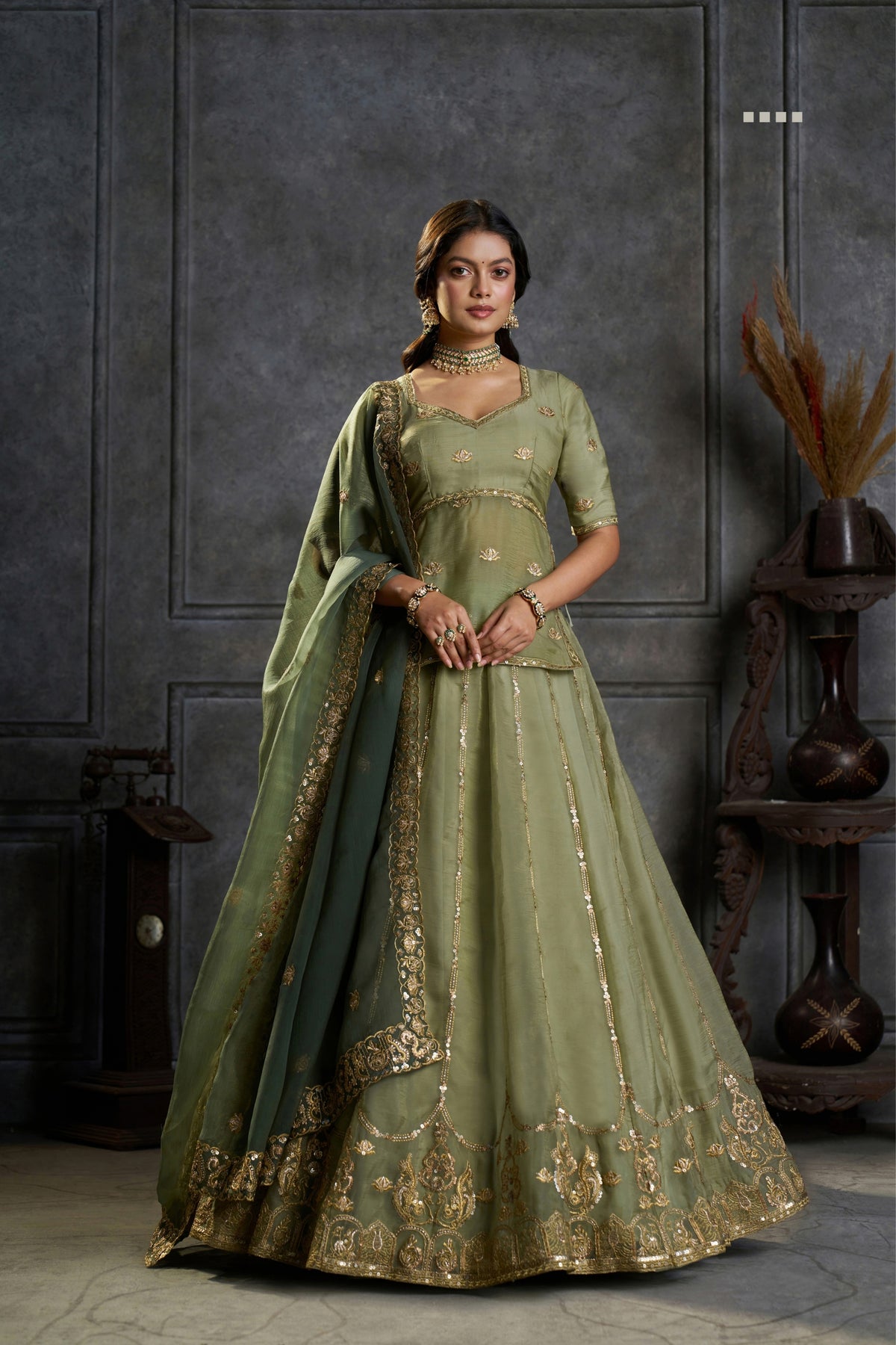 Pure Organza Embroidered Designer Sage Green Wedding & Festive Lehenga Choli With Sequin Work Dupatta