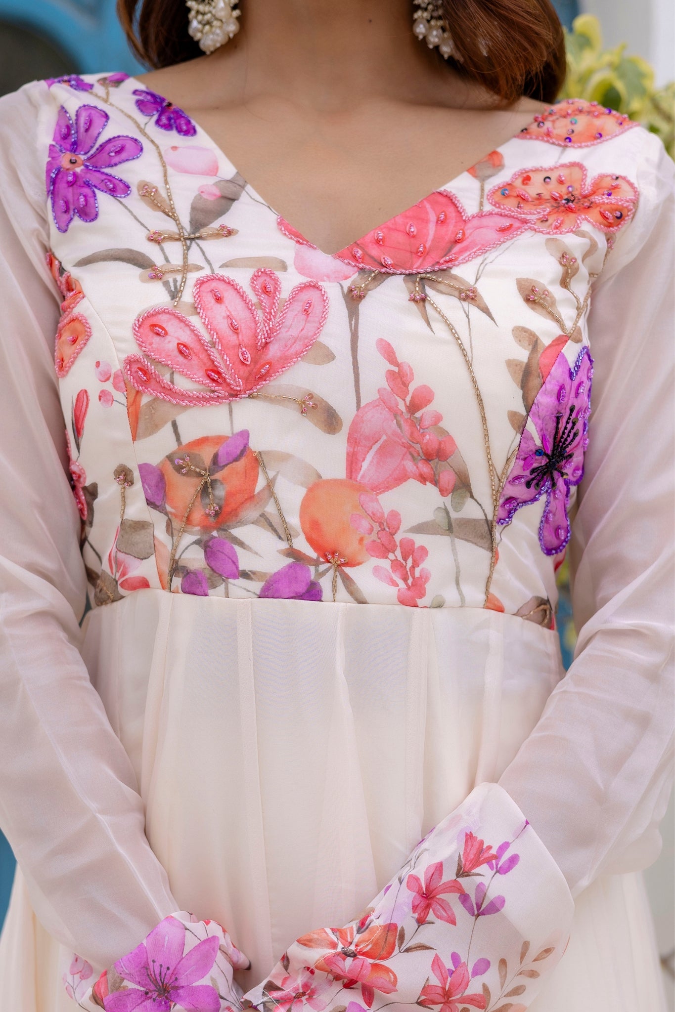 Luxury Floral Printed Organza Anarkali Set