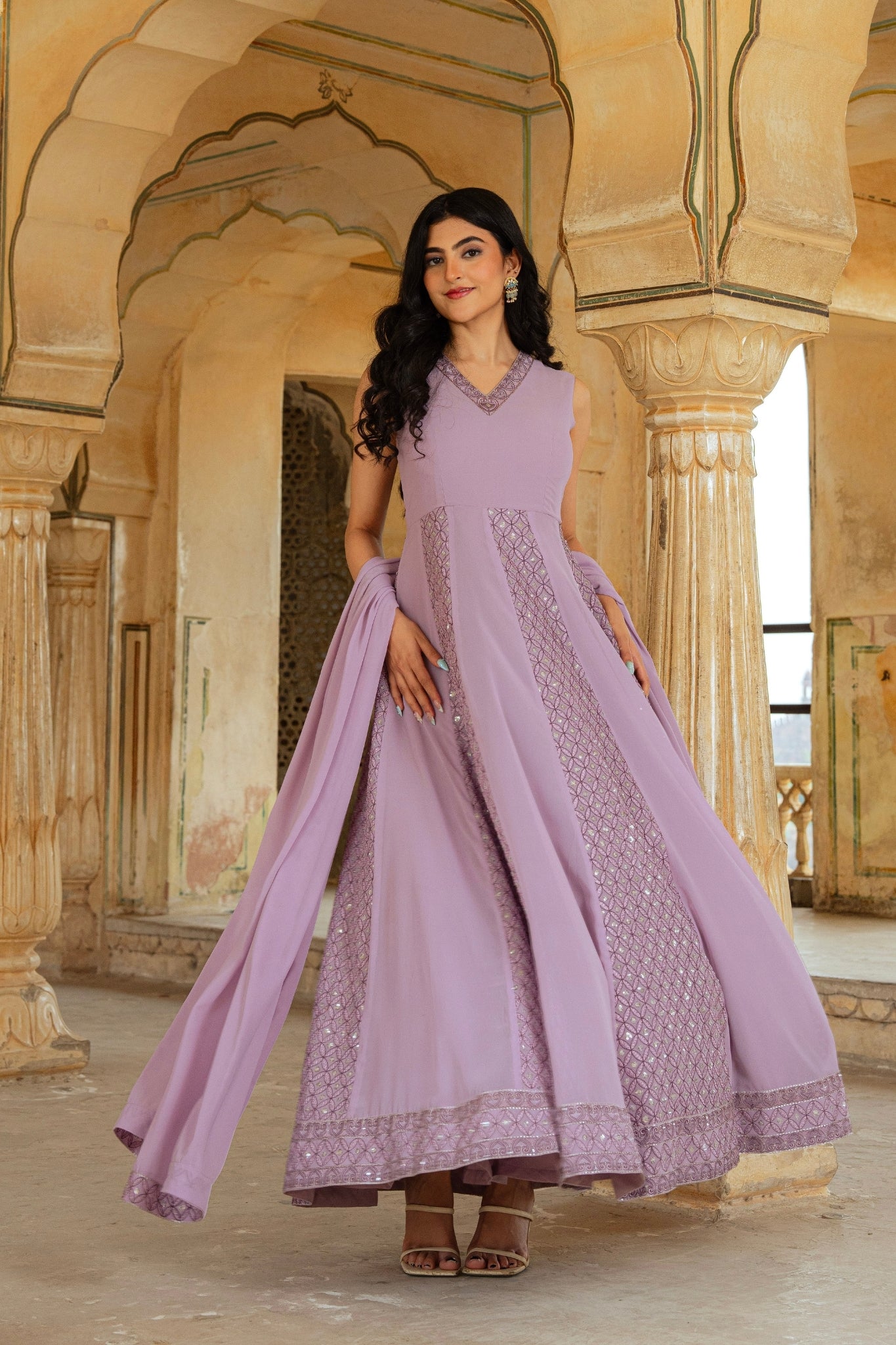 Ethereal Lilac Georgette Anarkali With Intricate Geometric Embroidery