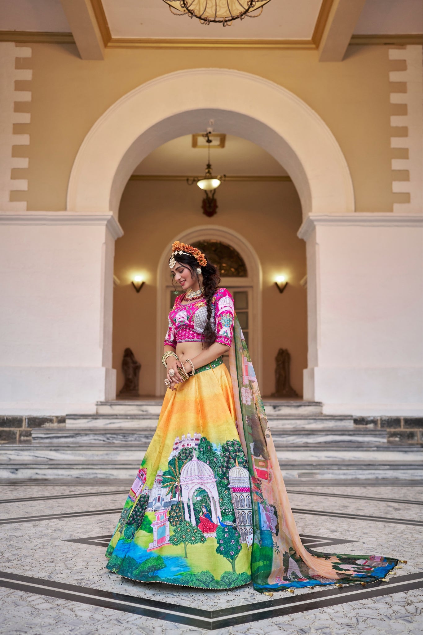 Royal Yellow Art Silk Heritage Lehenga Set With Architectural Digital Prints Organza Dupatta