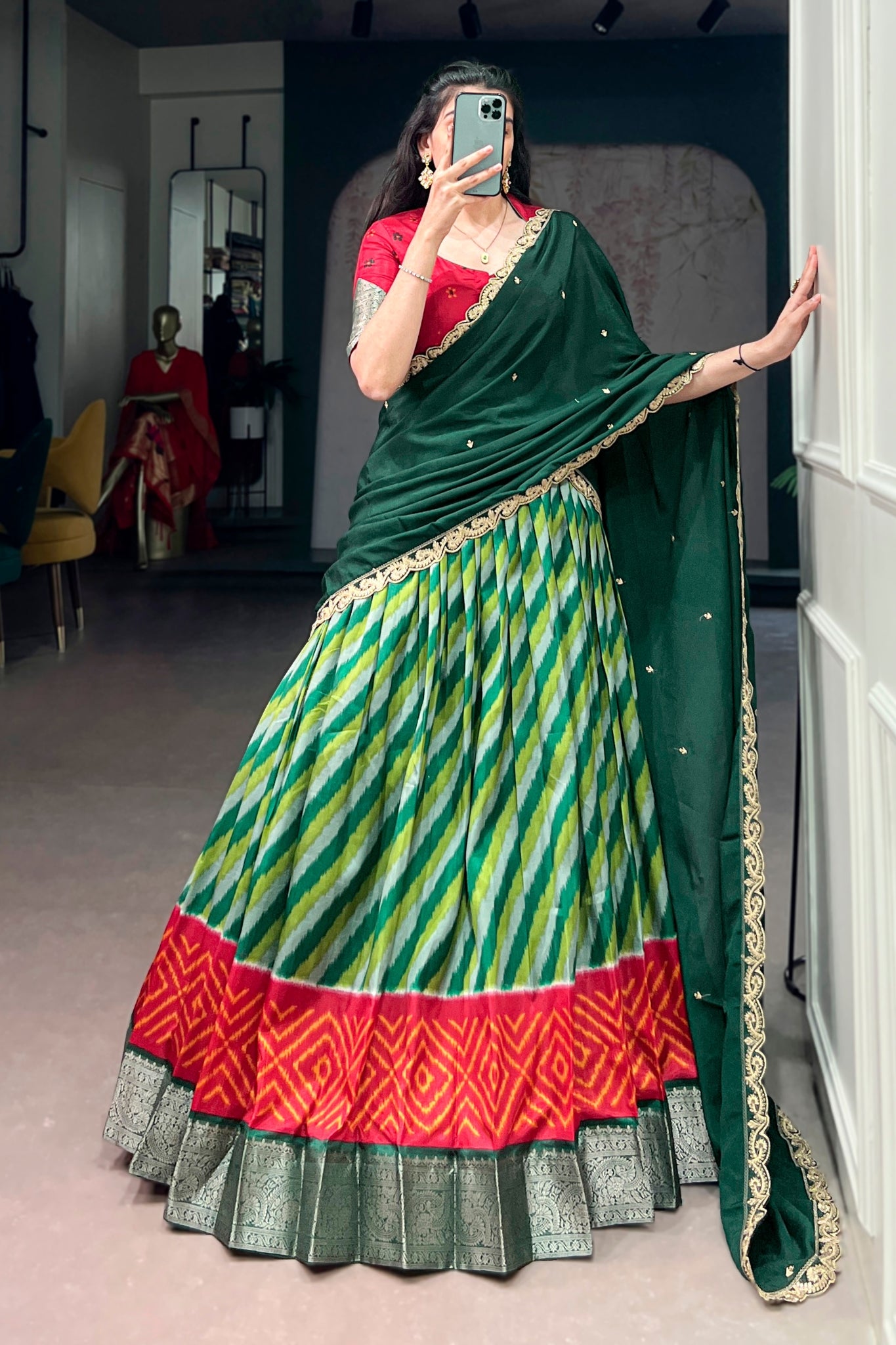 Designer Tasar Silk Leheriya Print Lehenga Choli