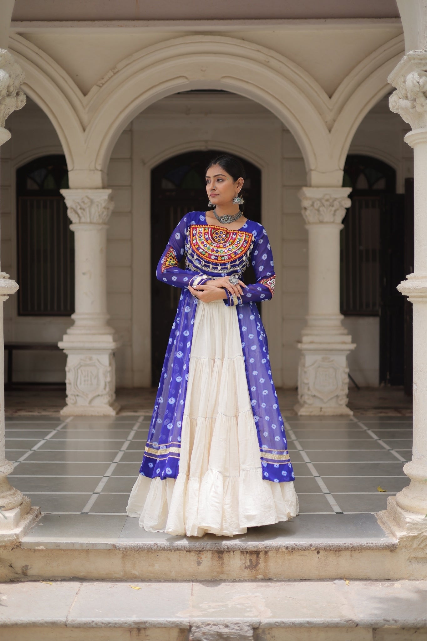 Kora Cotton Stylish Frill Stitching Beautiful Navratri Lehenga With Bandhani Printed Kurti