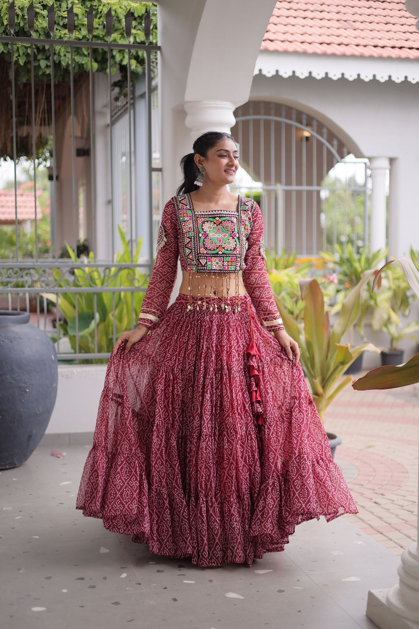 Raasrang Navratri Special Bandhani Print Lehenga Choli for Women with Kutchi Patchwork