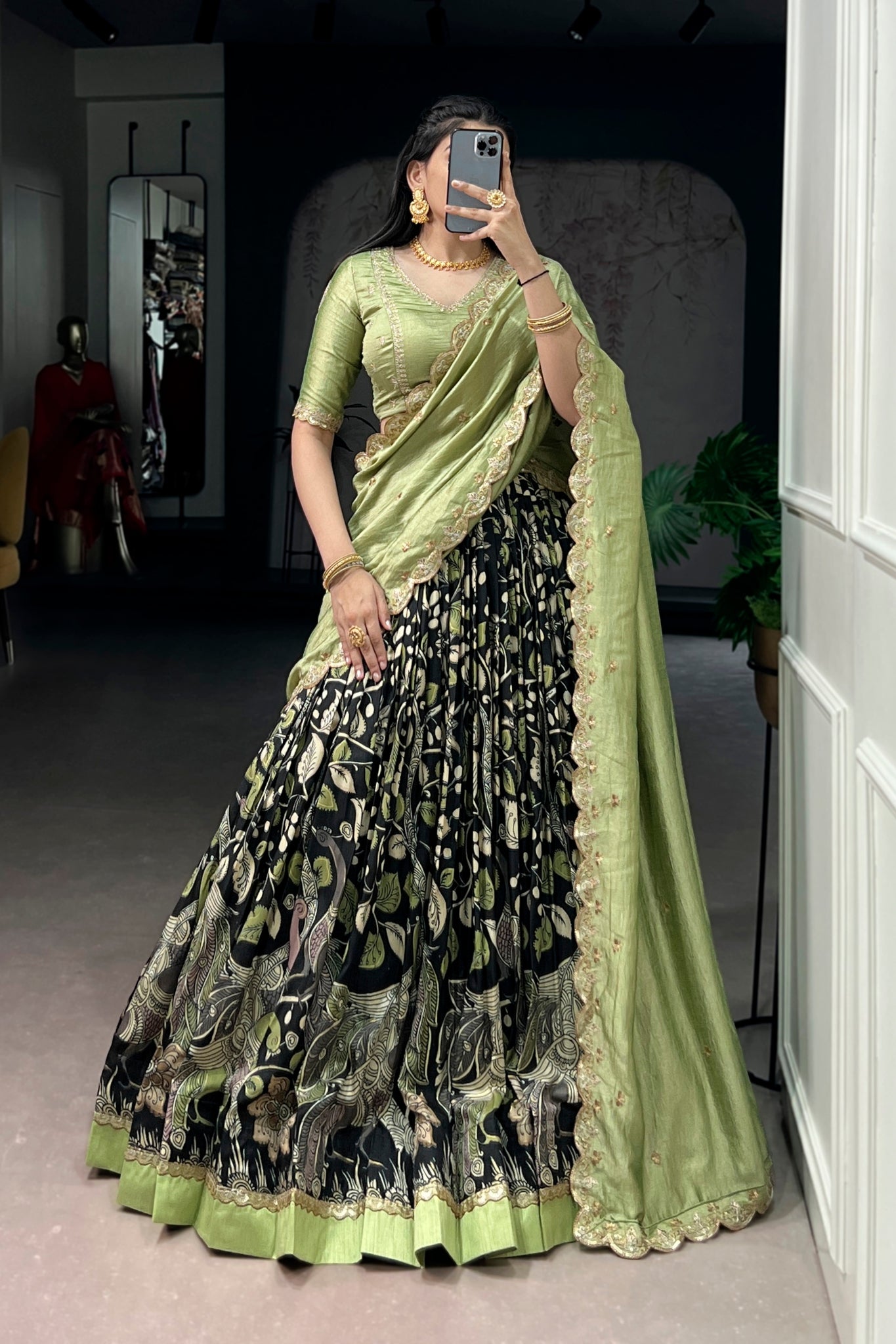 Premium Kalamkari Tasar Silk Lehenga Choli With Embroidered Dupatta