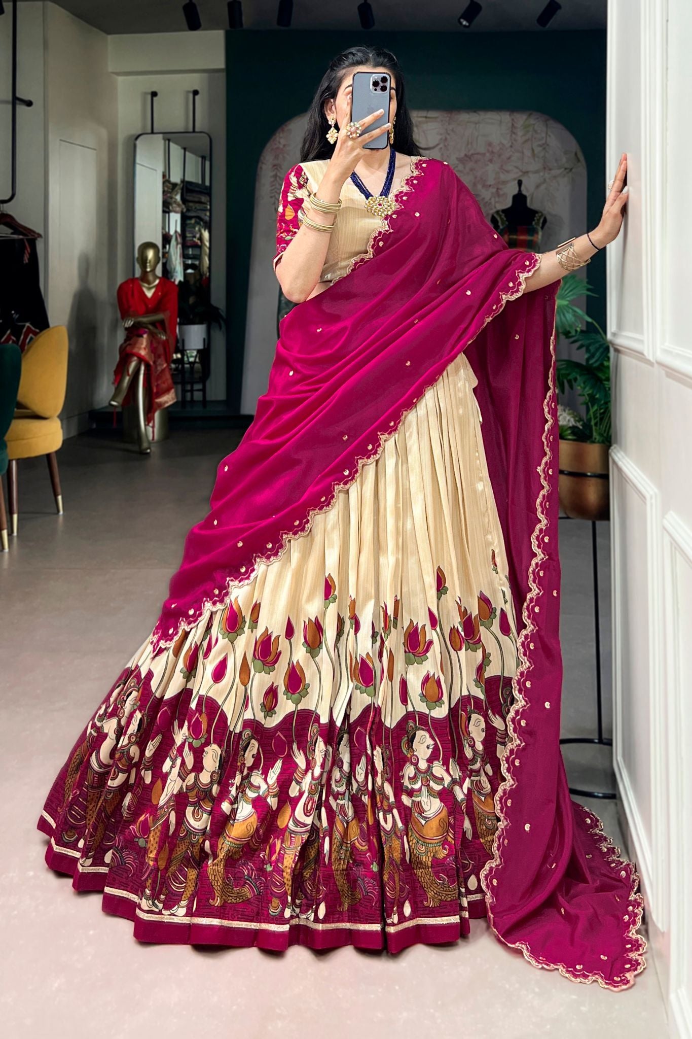 Designer Tasar Silk Kalamkari Print Wedding And Festive Lehenga Choli