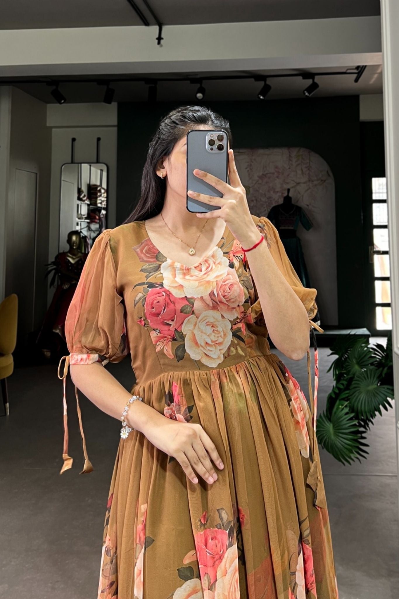 Brown Floral Printed Georgette Dress