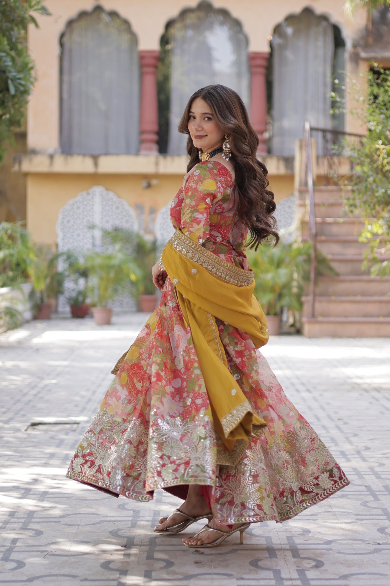 Designer Printed Gold Sequins Embroidered Work Anarkali Gown