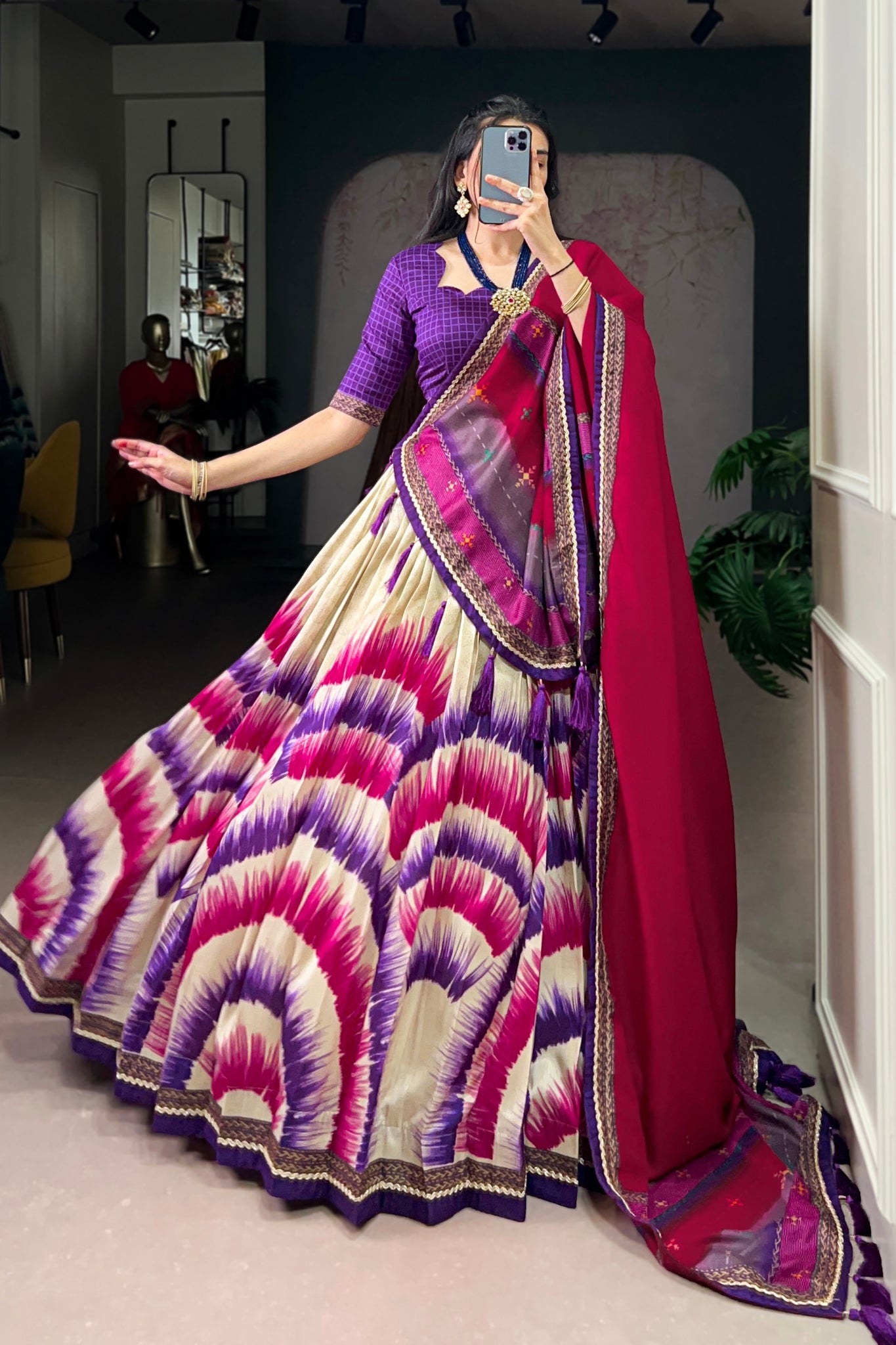 Tasar Silk Tie Dye Lehenga Set With Printed Dupatta And Chex Blouse