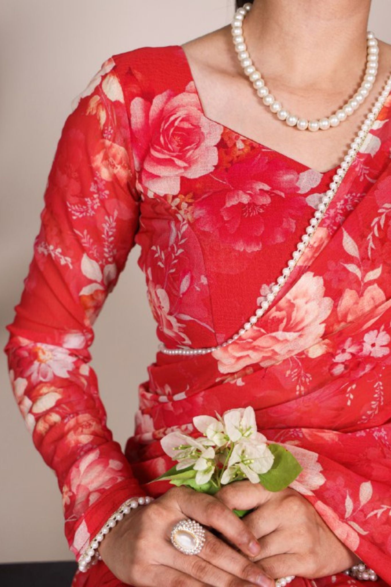 Elegant Pearl Lace Detailing Floral Printed Saree