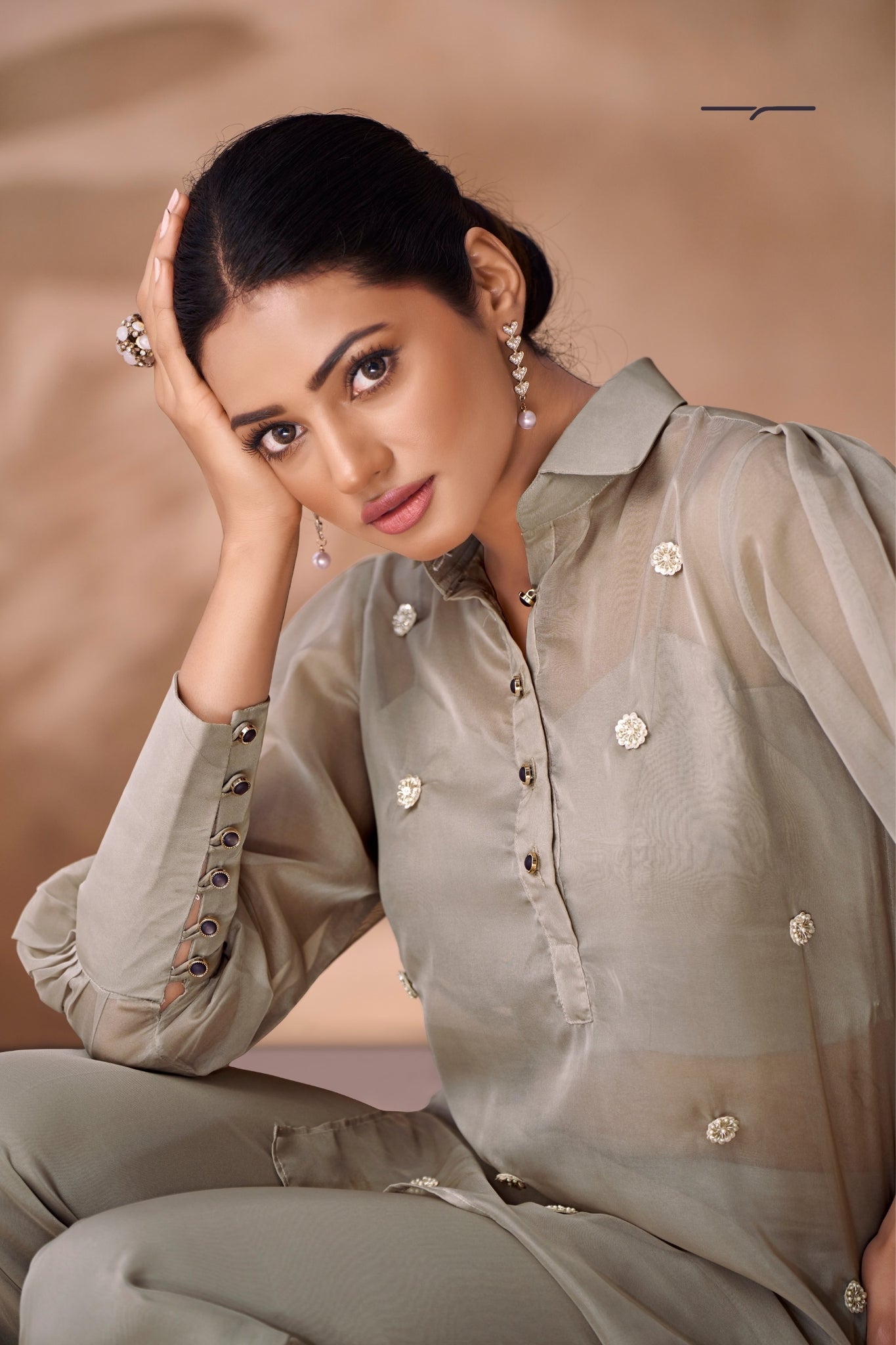 Serene Grey Handwork Organza Co Ord Set