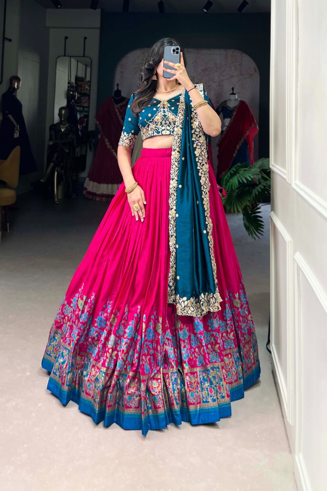 Designer Tussar Silk Printed Lehenga Set With Embroidered Blouse And Dupatta