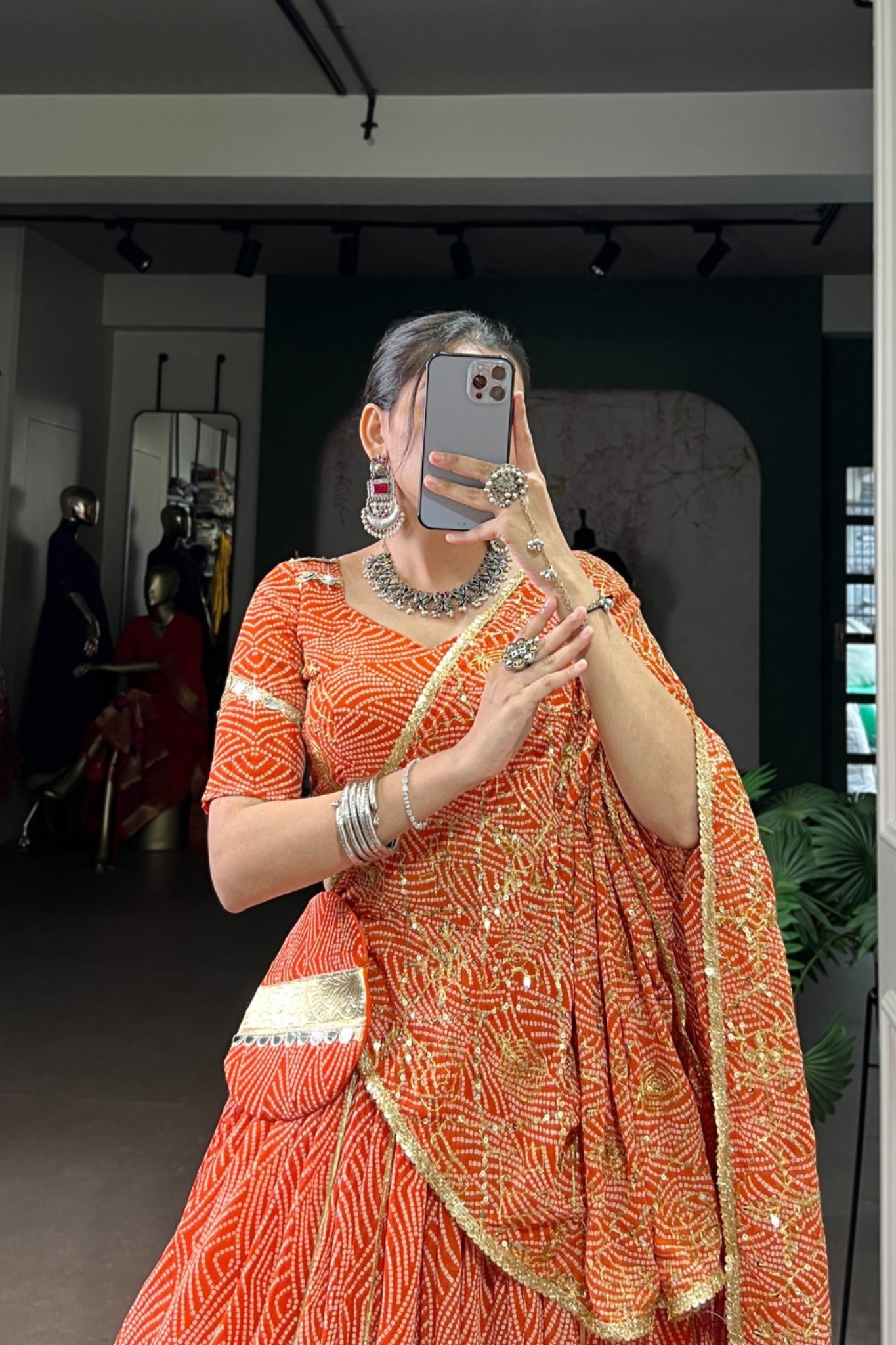 Vibrant Bandhej Print Designer Georgette With Mirror Work Lehenga Choli Set For Wedding And Navratri