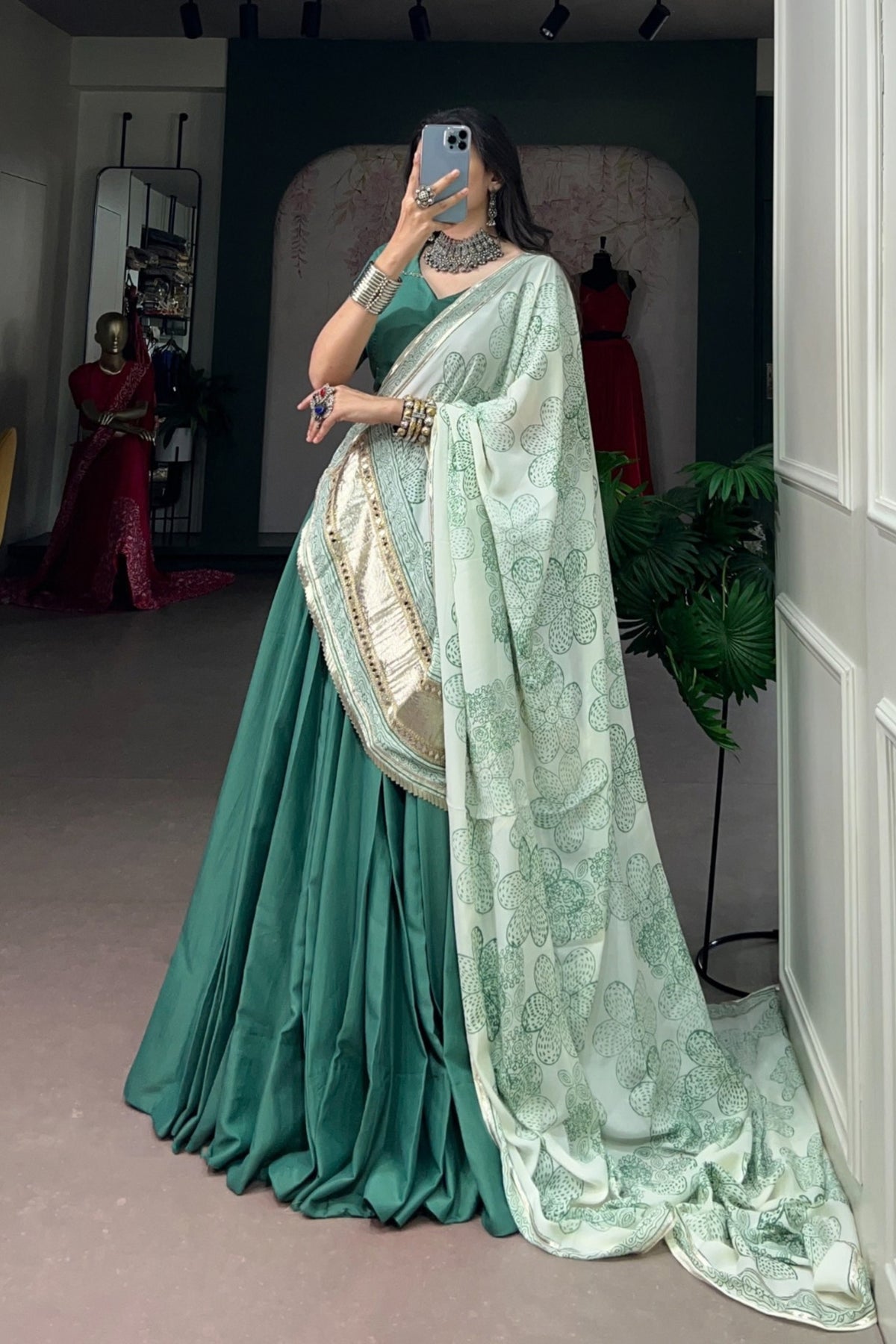 Designer Satin Silk Lehenga Choli With Floral Printed mirror Work Detailing Dupatta