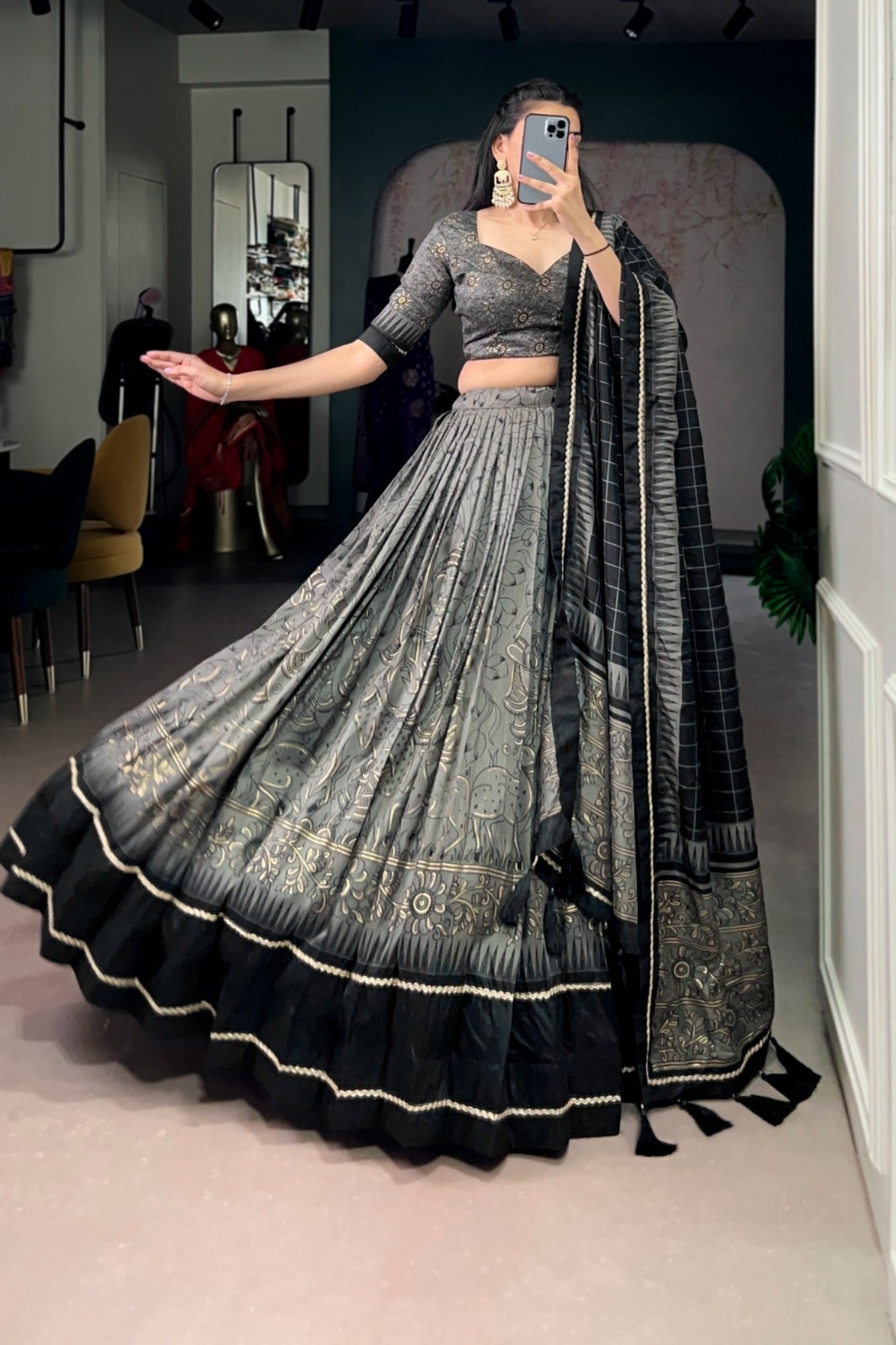 Festive Kalamkari Printed Tasar Silk Lehenga Choli With Dupatta