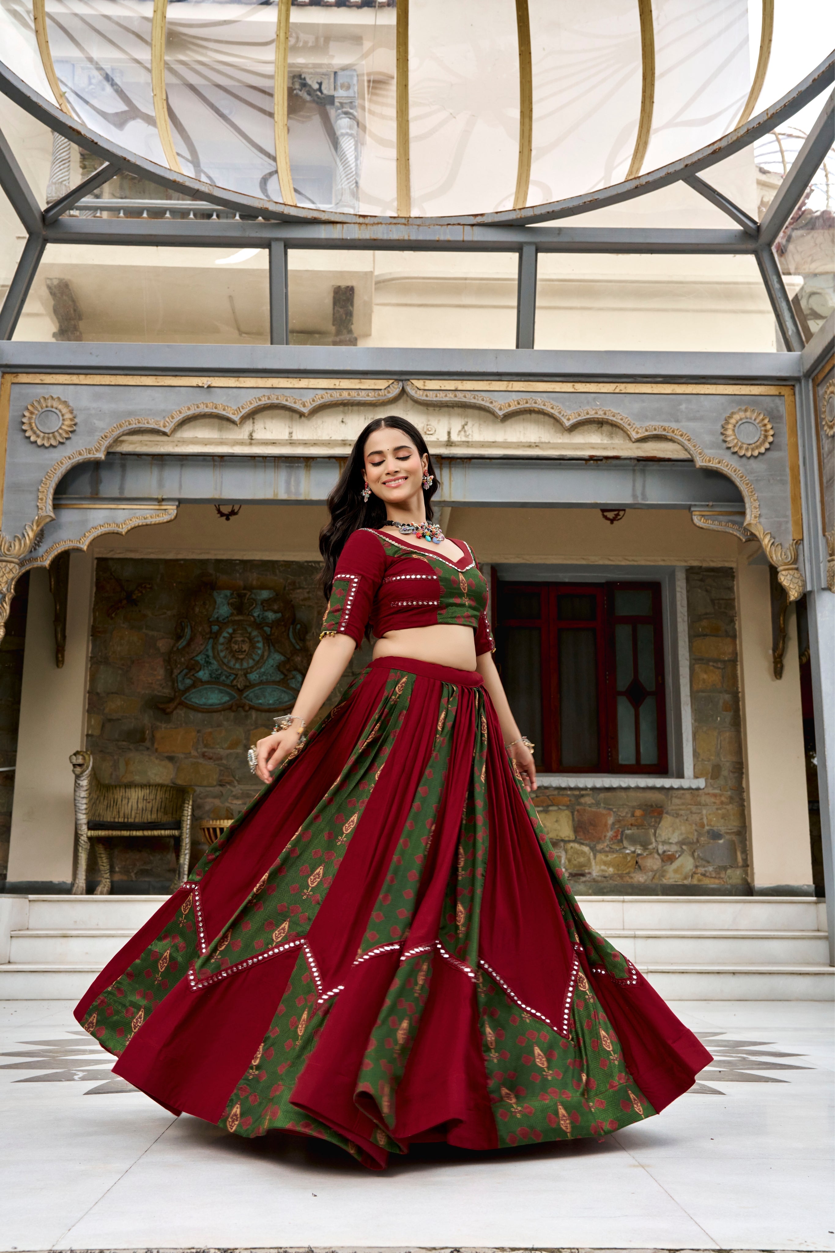 Navratri Special Raasrang Designer Maroon & Green Ajrakh Print PureRayon Lehenga Choli