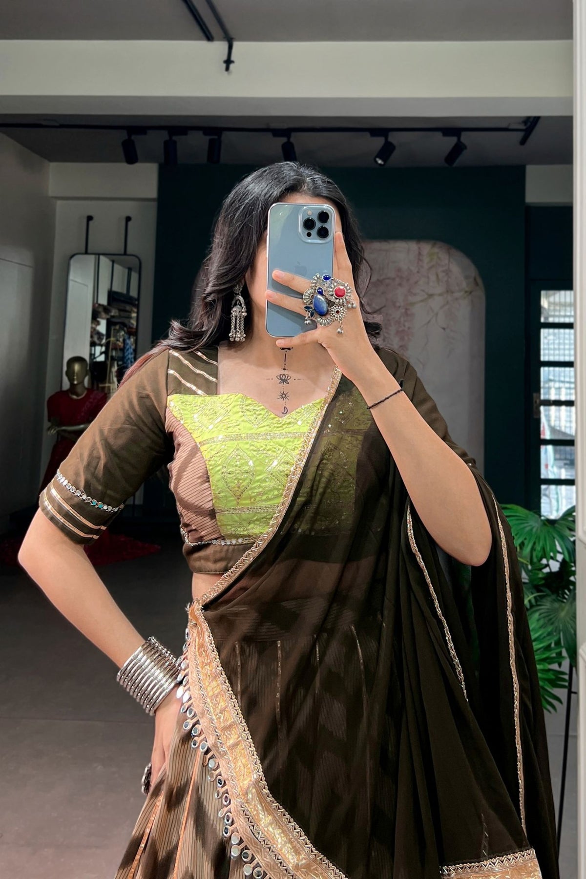 Designer Tasar Silk Mirror Work Navratri Chaniya Choli