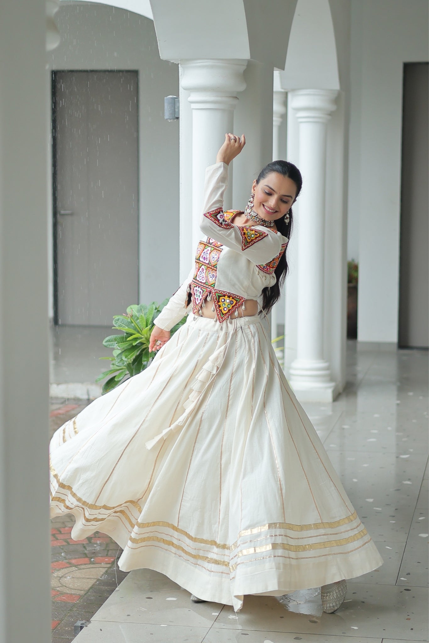 Off White Cotton Kutchi Gamthi Work With Gota Patti Lace Touch up Navratri Designer Lehenga choli