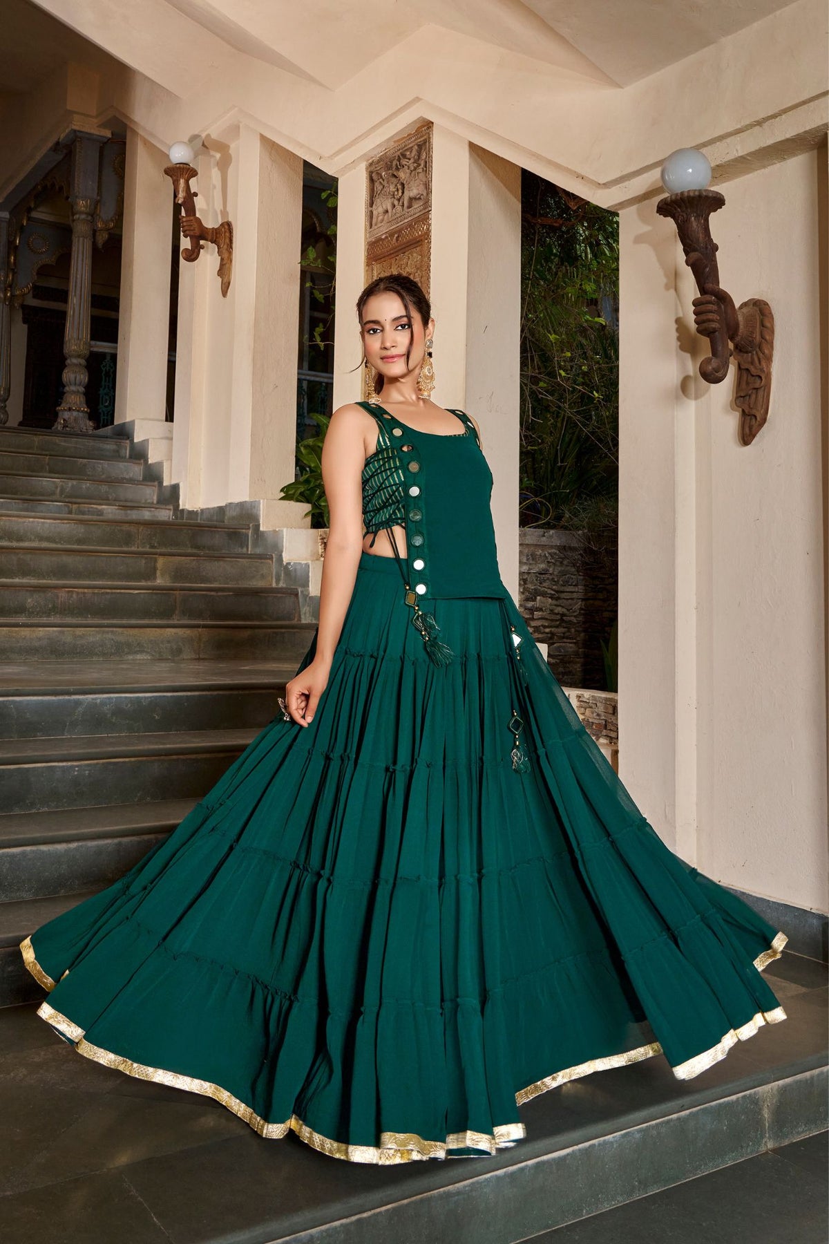14 Meter Full Gher Navratri Showstopper Lehenga Choli With Mirror Koti