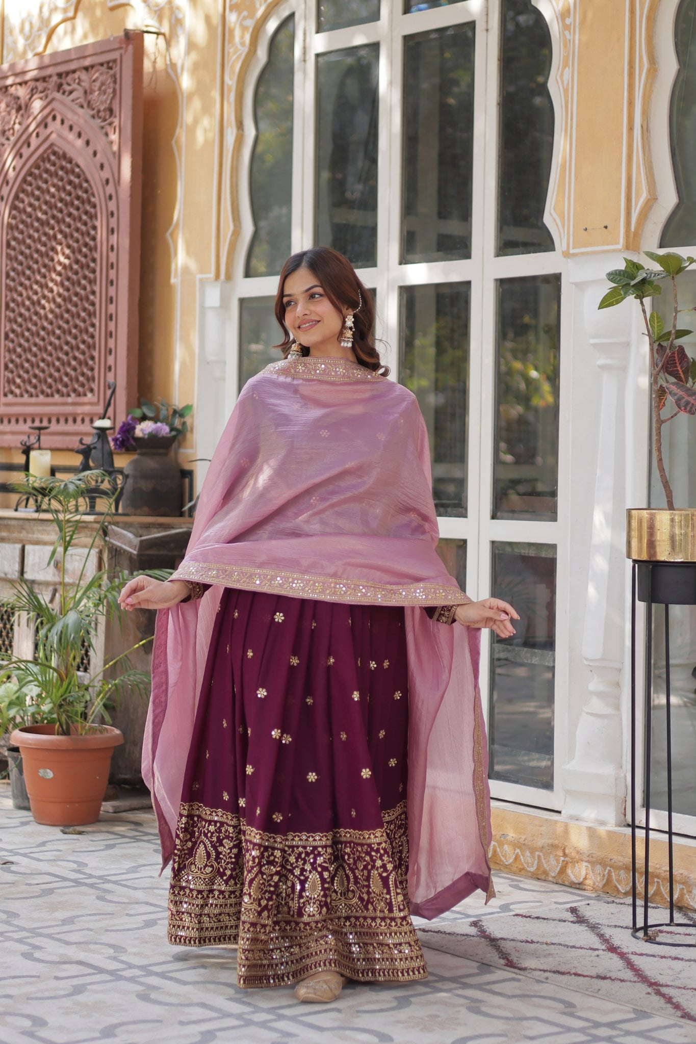 Plum Embroidered Georgette Anarkali Set