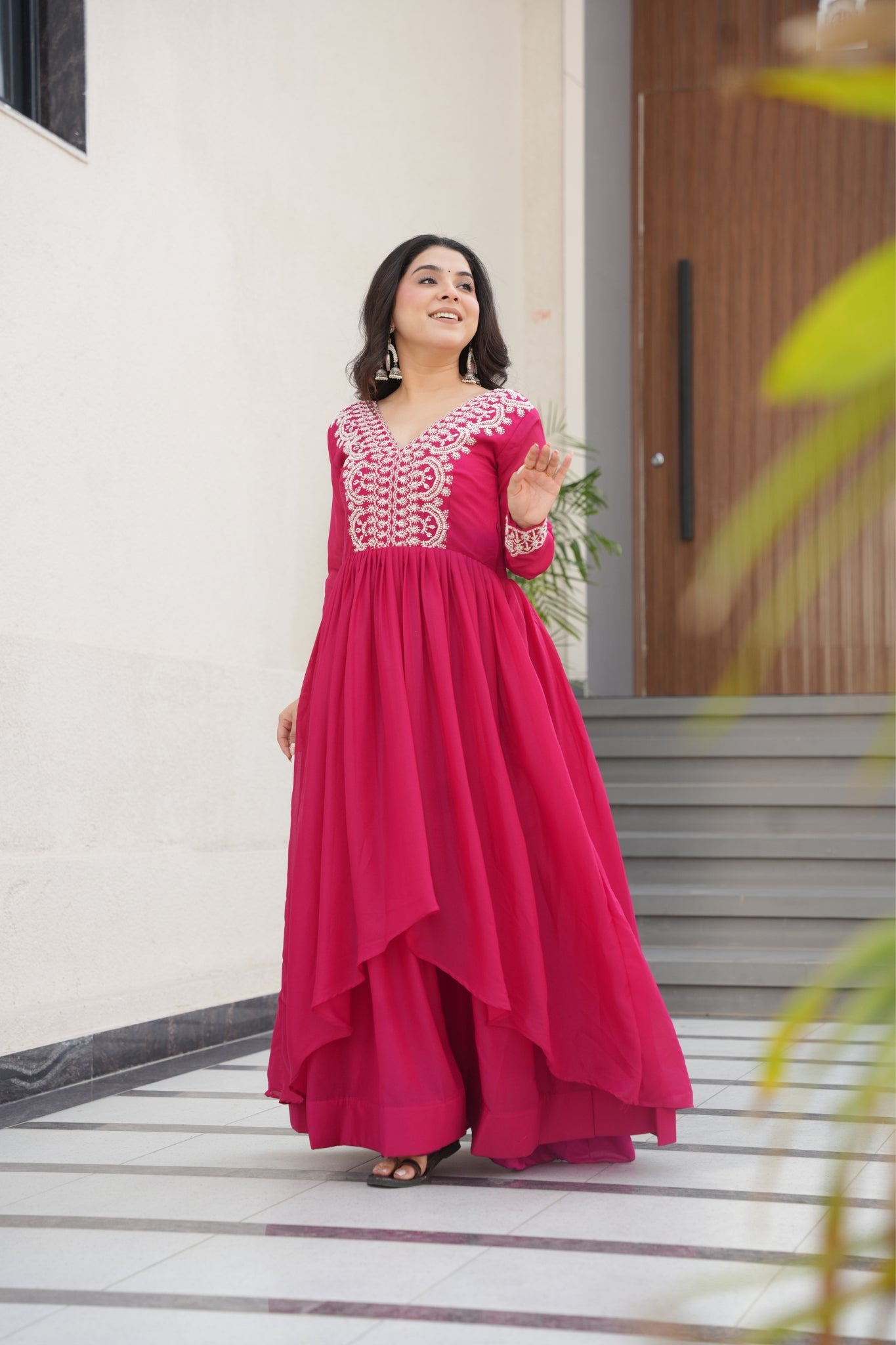 Georgette Embroidered Beads Sequins Work Double Flair Wedding Stylish Gown