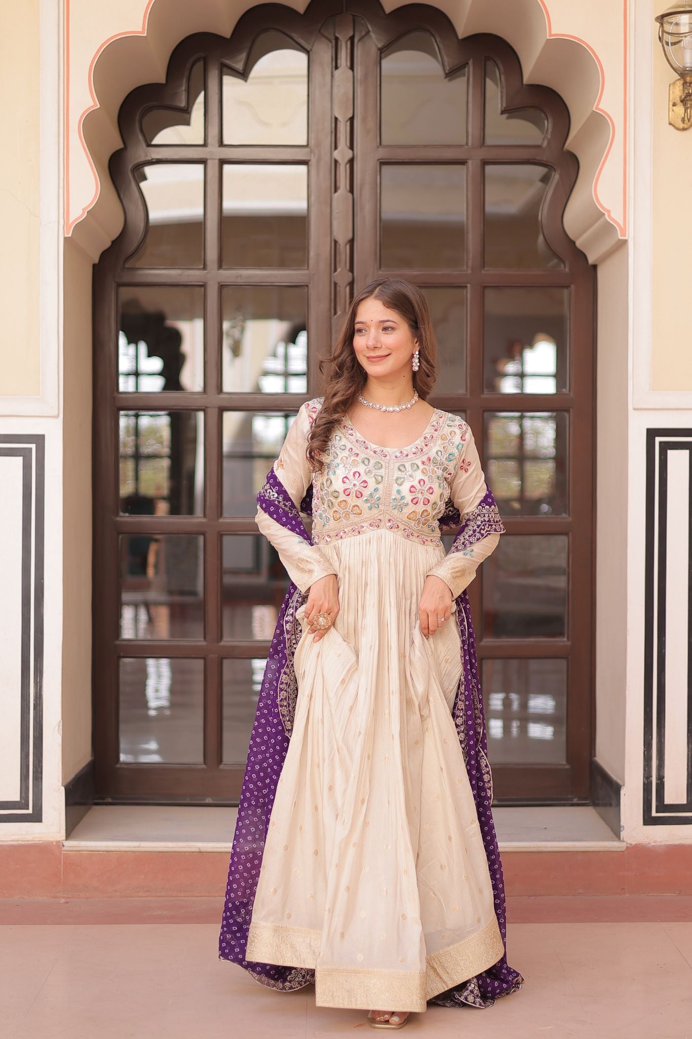 Cosmos Weaving Jacquard Crafted Pearl beads Embroidered Work Gown With Dupatta