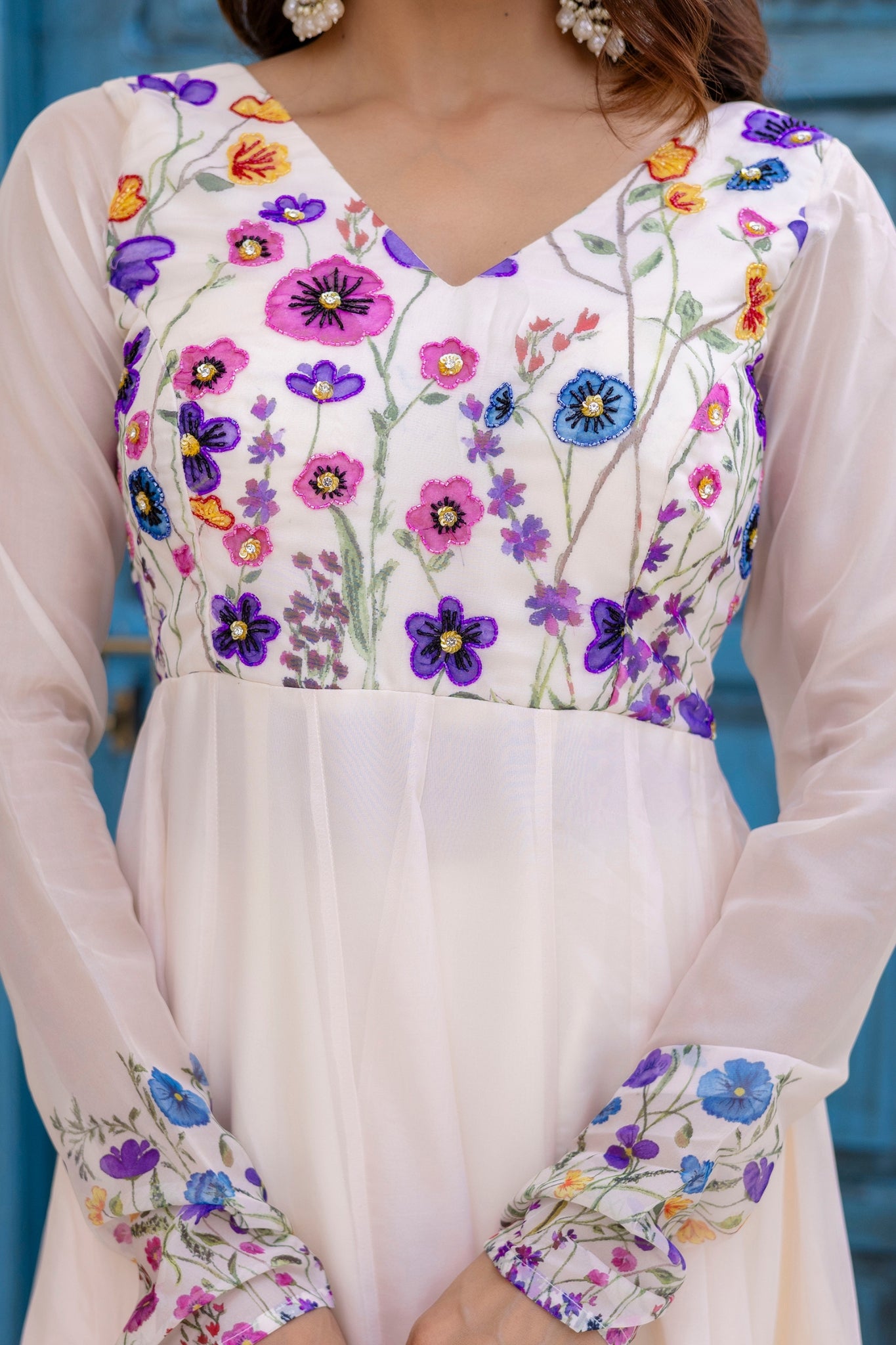 Ivory Floral Printed Organza Anarkali Set With Dupatta