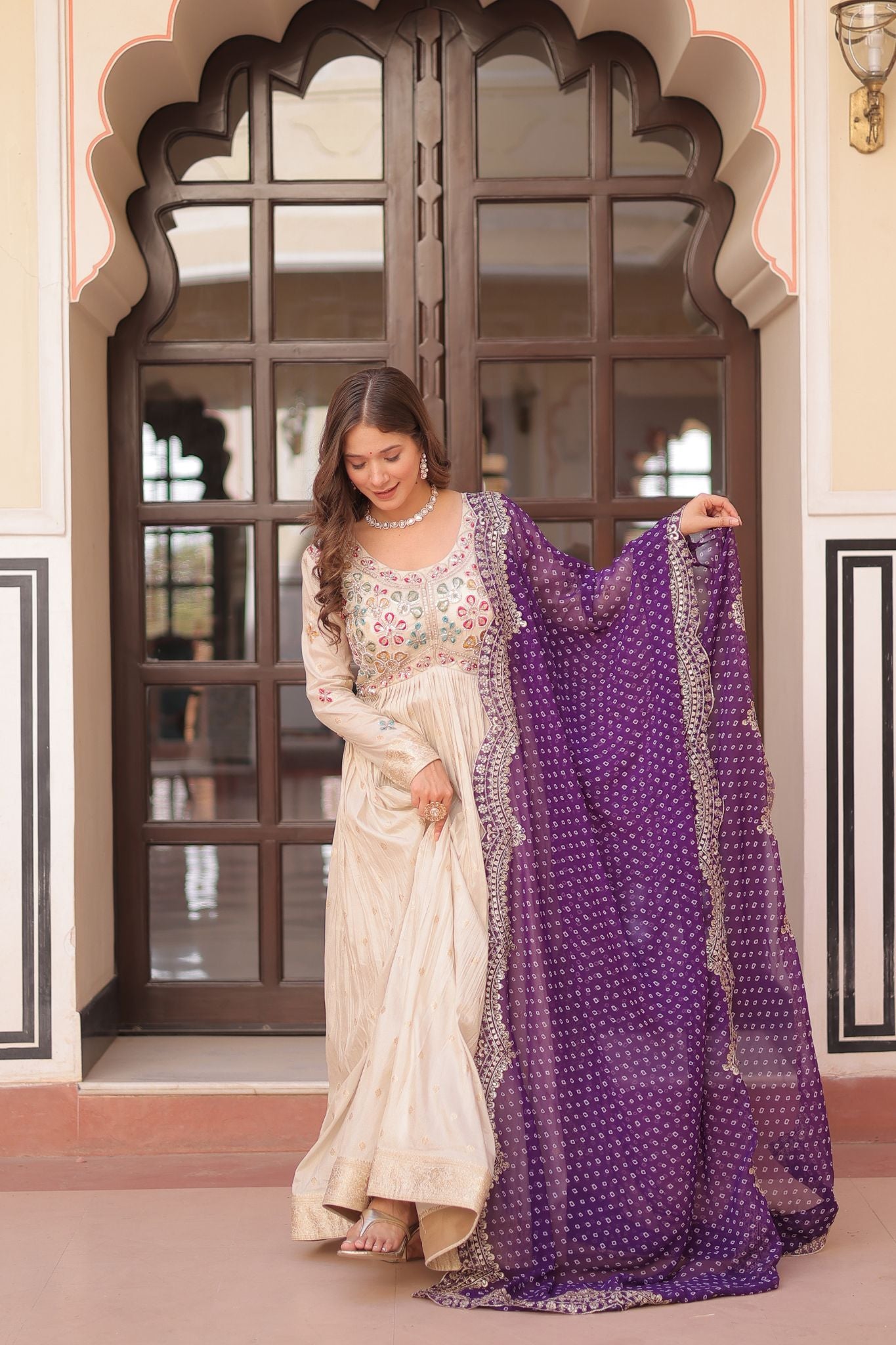 Cosmos Weaving Jacquard Crafted Pearl beads Embroidered Work Gown With Dupatta
