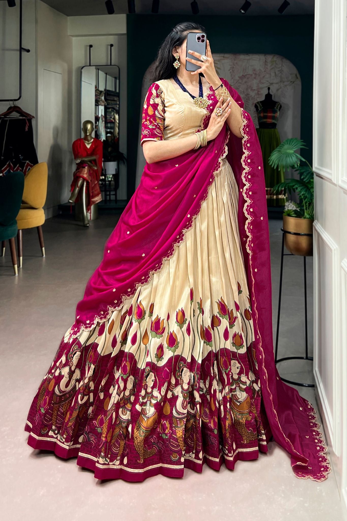 Designer Tasar Silk Kalamkari Print Wedding And Festive Lehenga Choli