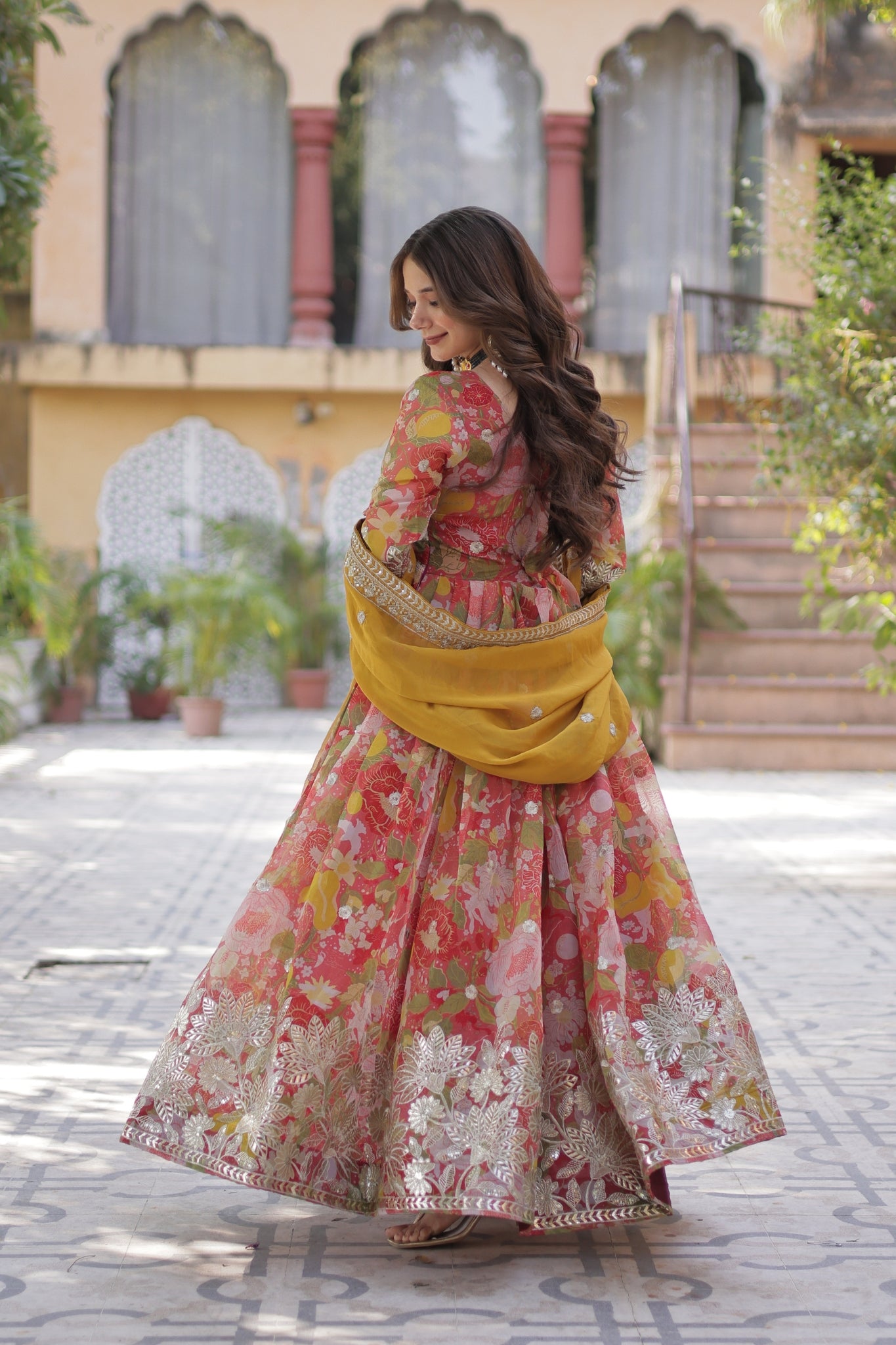 Designer Printed Gold Sequins Embroidered Work Anarkali Gown