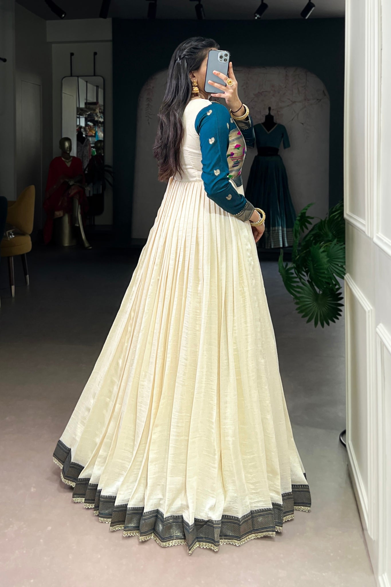 Off White Vichitra Silk Zari Woven Flared Dress With Lace Detailing