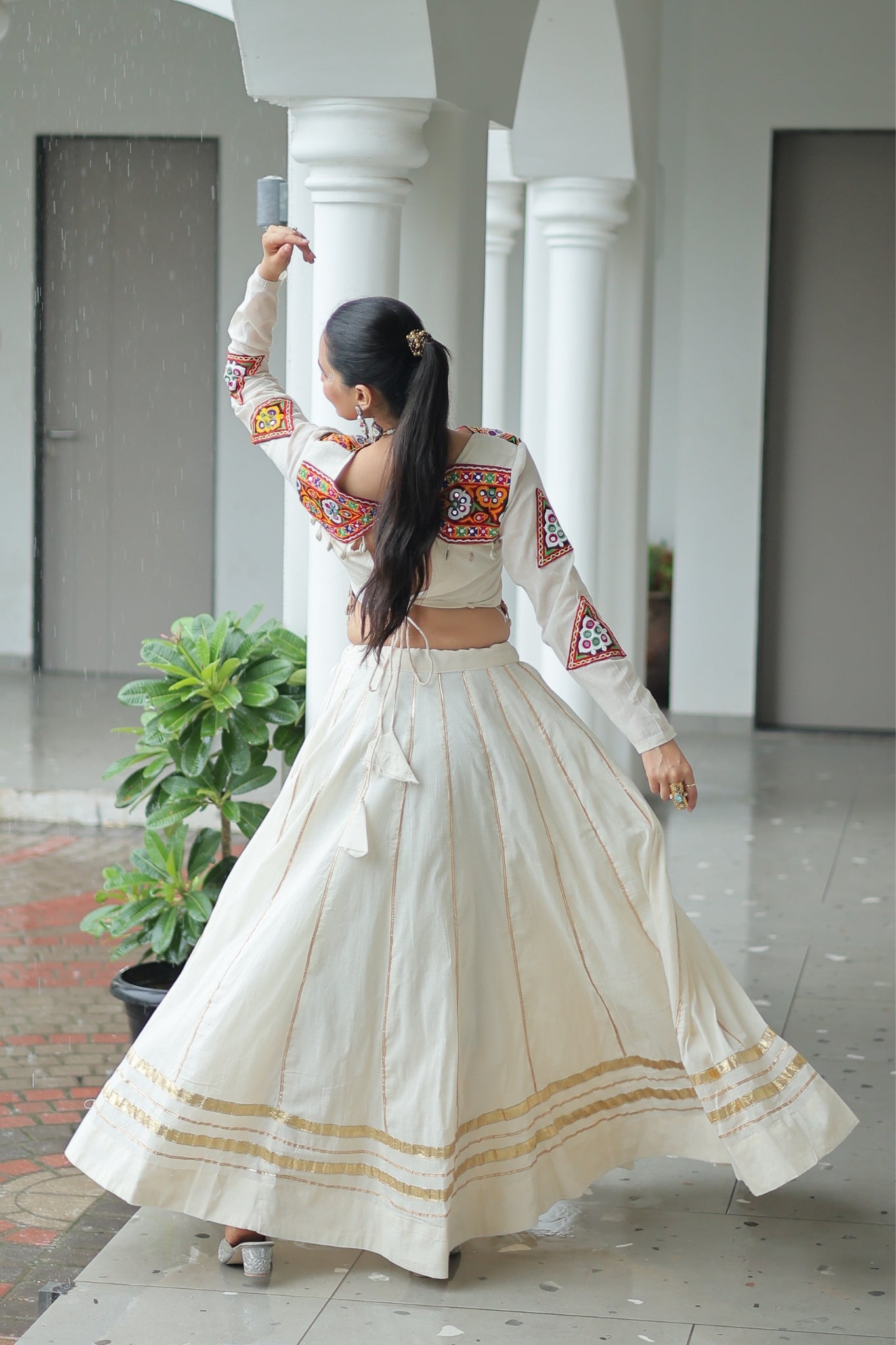 Off White Cotton Kutchi Gamthi Work With Gota Patti Lace Touch up Navratri Designer Lehenga choli