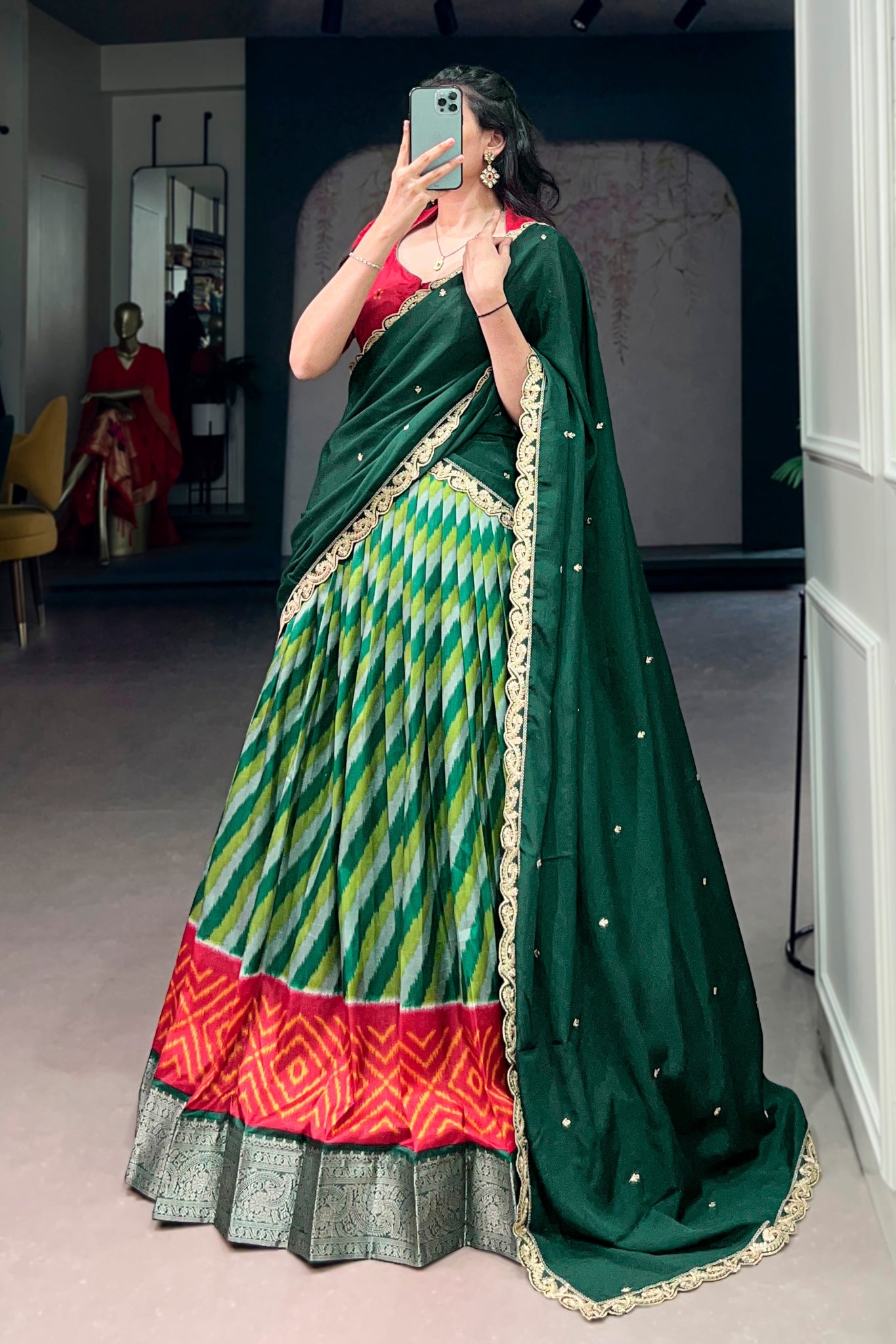 Designer Tasar Silk Leheriya Print Lehenga Choli