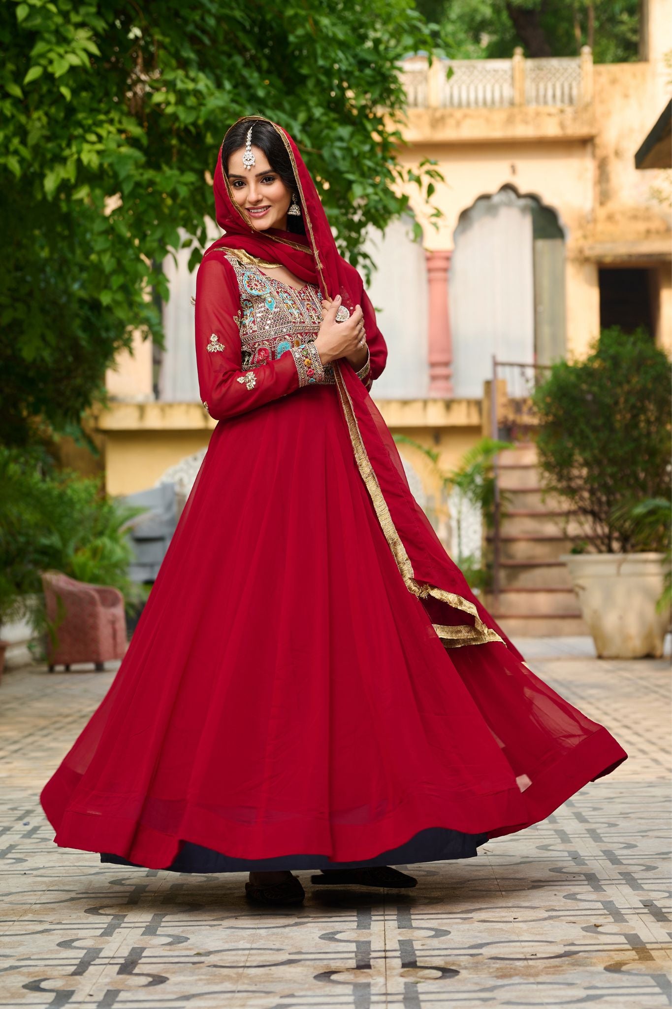 Ethnic Stylish Crafted Multi Thread Embroidered Work Gown With Dupatta Set