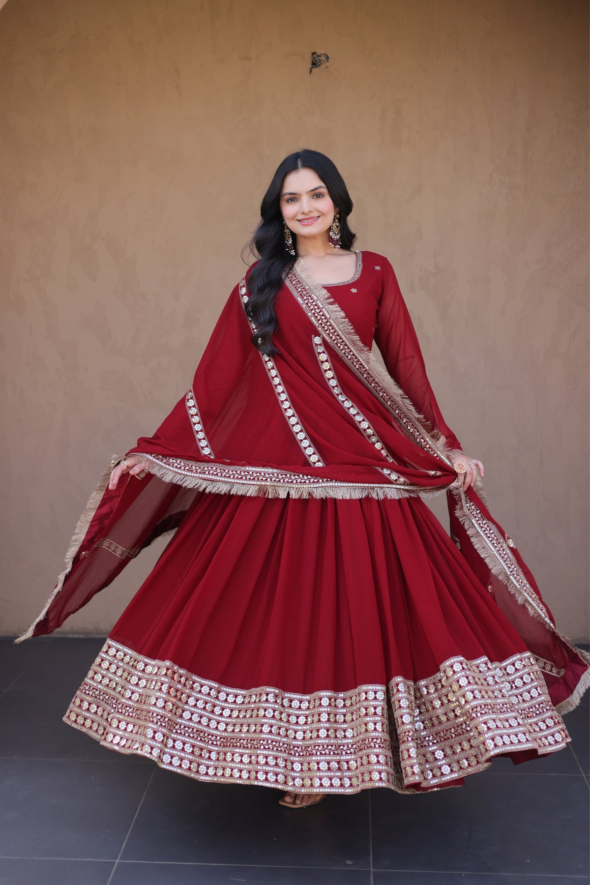 Designer Faux Blooming Anarkali Gown With Dupatta Set