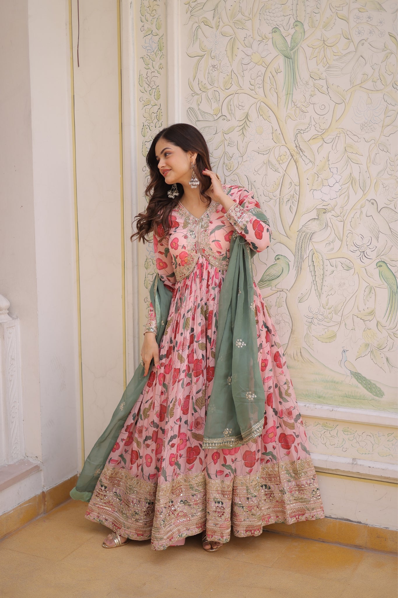 Designer Zari Sequins Embroidery With Printed Russian Silk Anarkali Suit