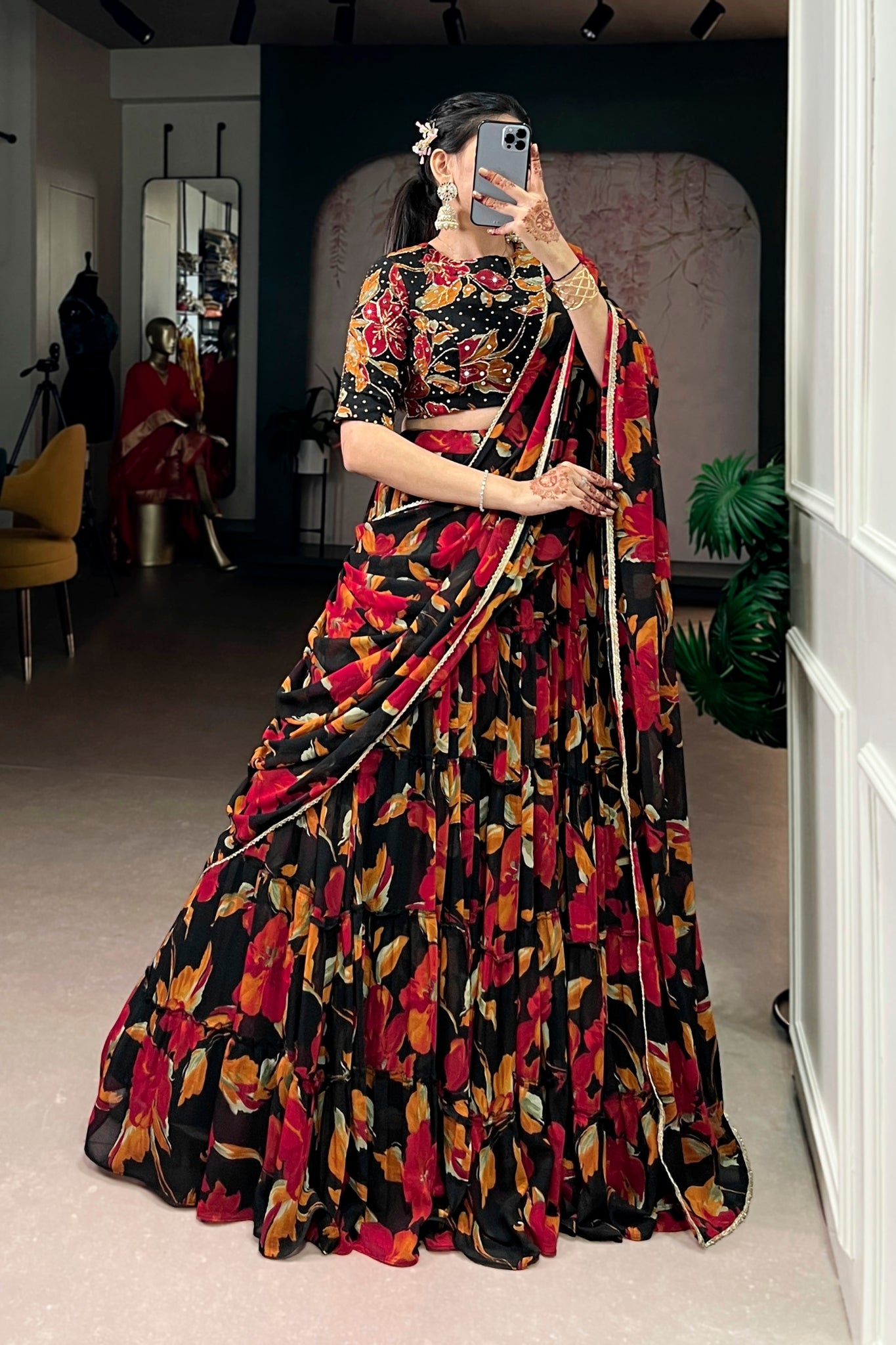 Floral Marble Print Lehenga Choli Set For Women