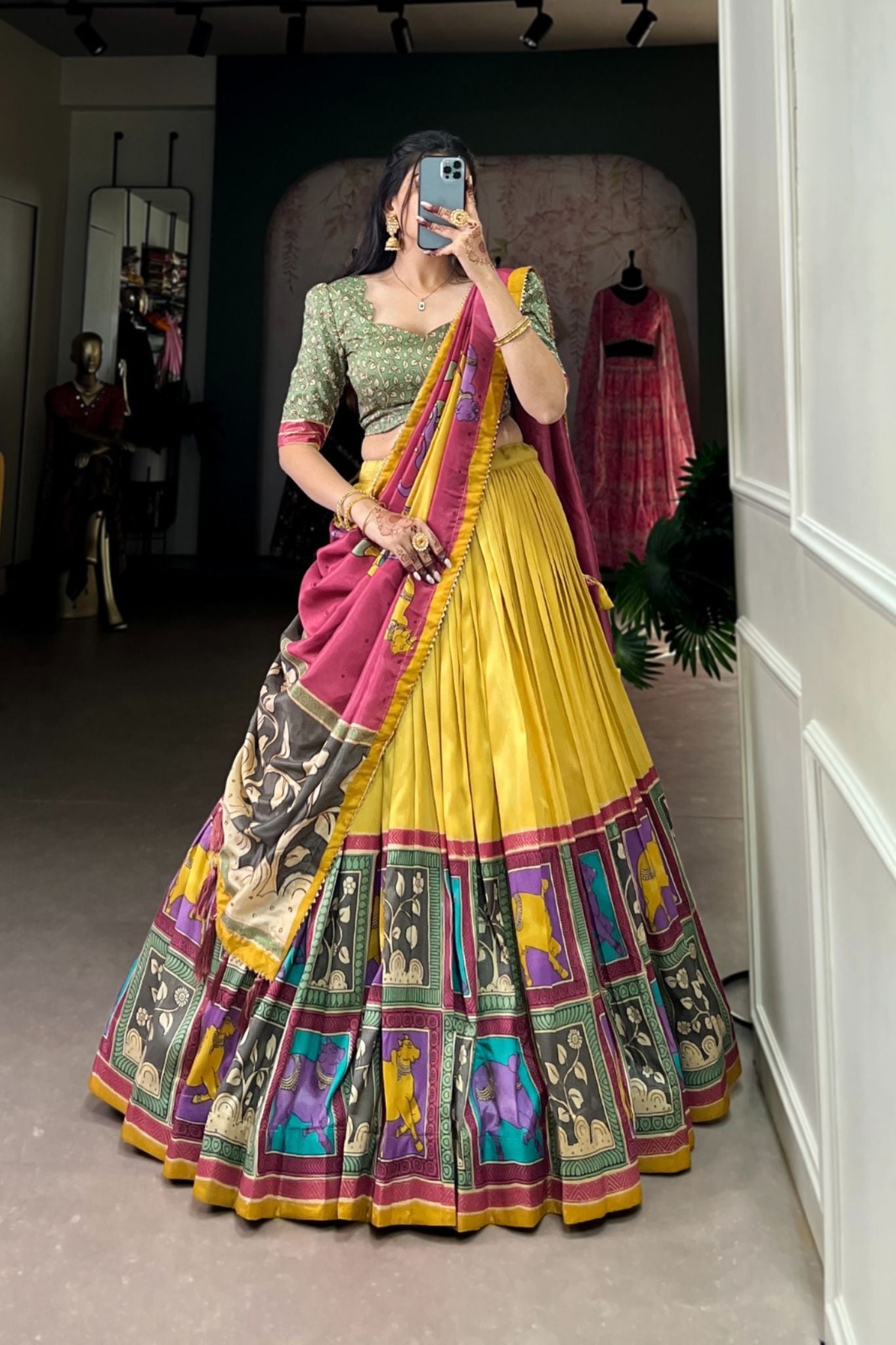 Kalamkari Floral printed South Indian Tradition Lehenga Set