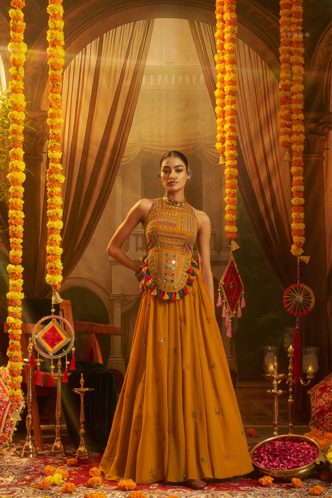 Raasrang Mustard Yellow Georgette Designer Lehenga Choli With Mirror Work Halter Blouse