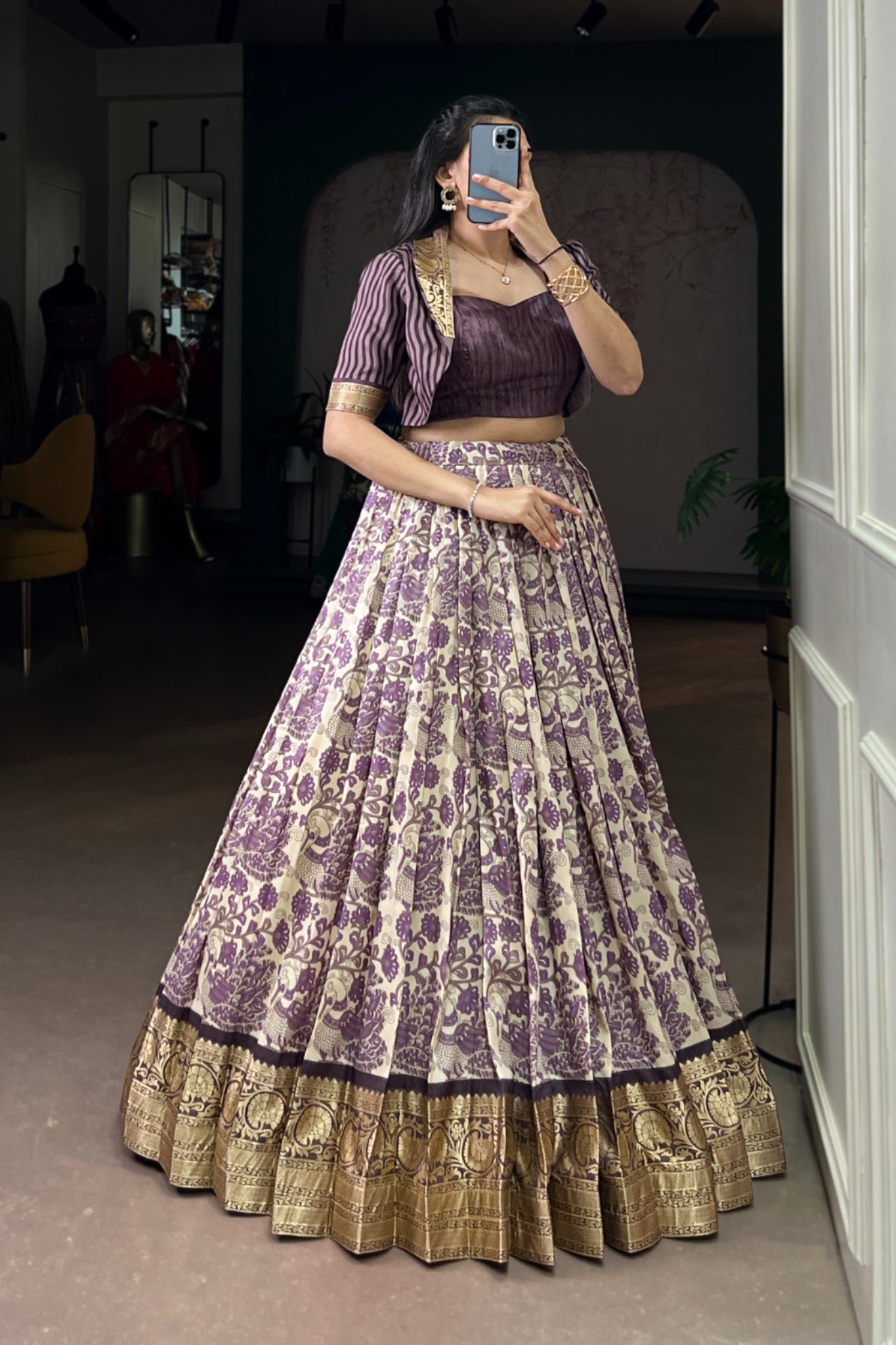 Handcrafted Tasar Silk Printed With Viscose Border Lehenga Choli