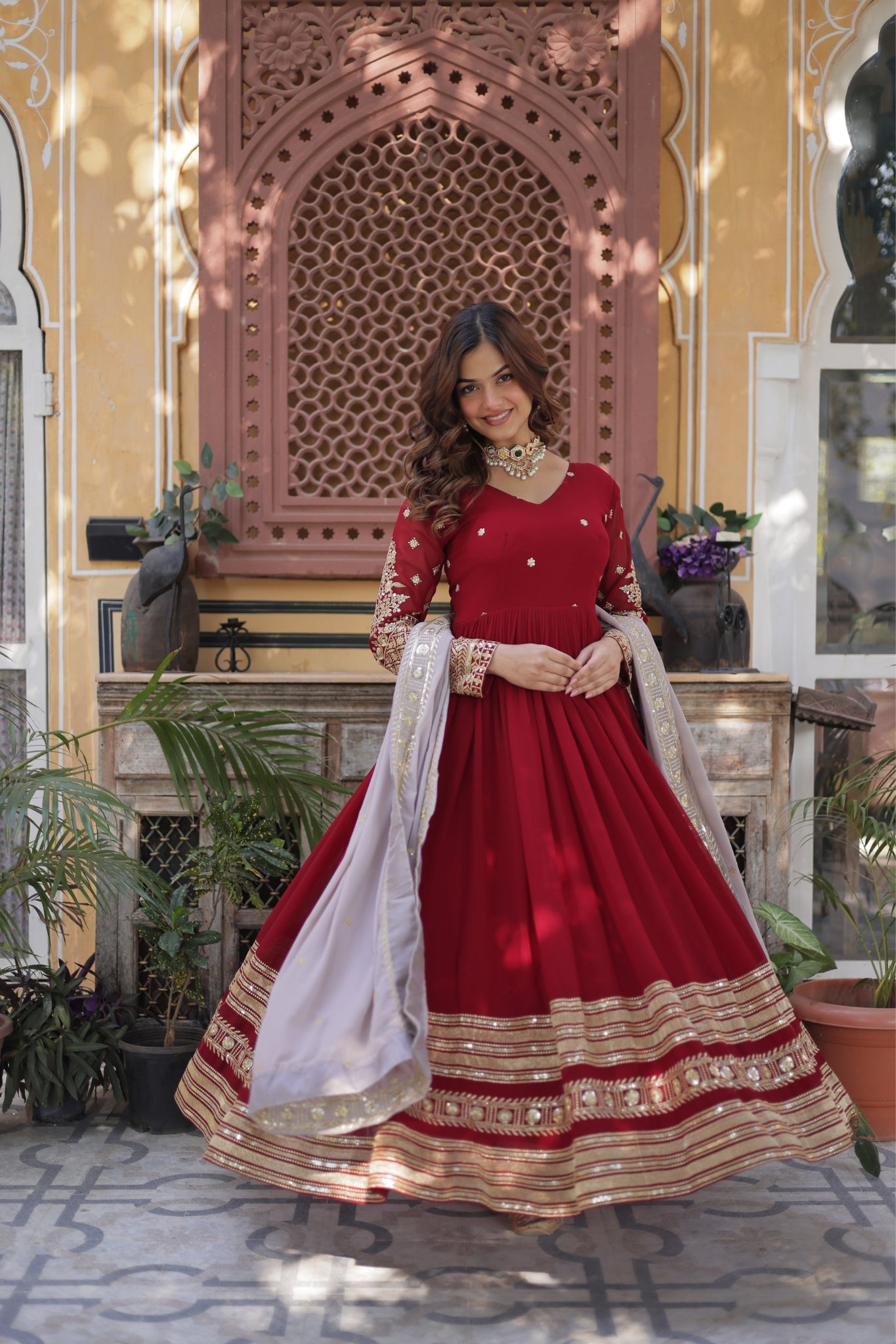 Traditional Maroon Embroidery Sequins Work Anarkali Suit Set