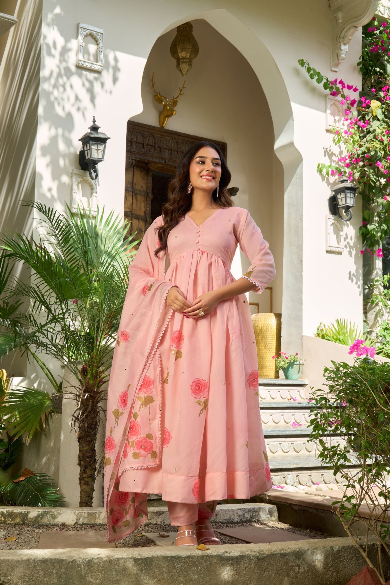 Pure Chanderi Floral Anarkali Suit Set With Palazzo Dupatta For Women