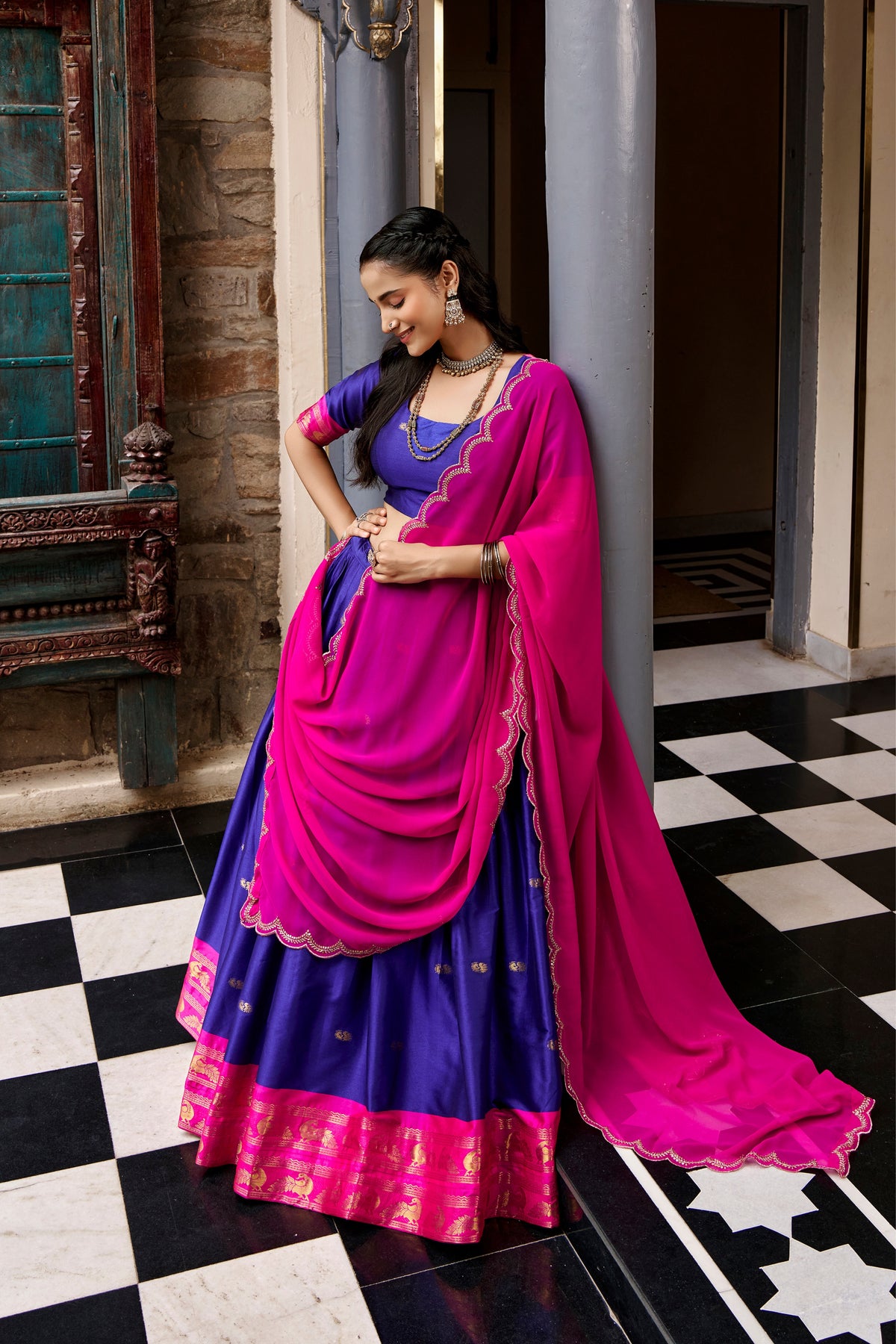 Buy South Indian Cotton Silk Lehenga Choli With Zari Woven Border
